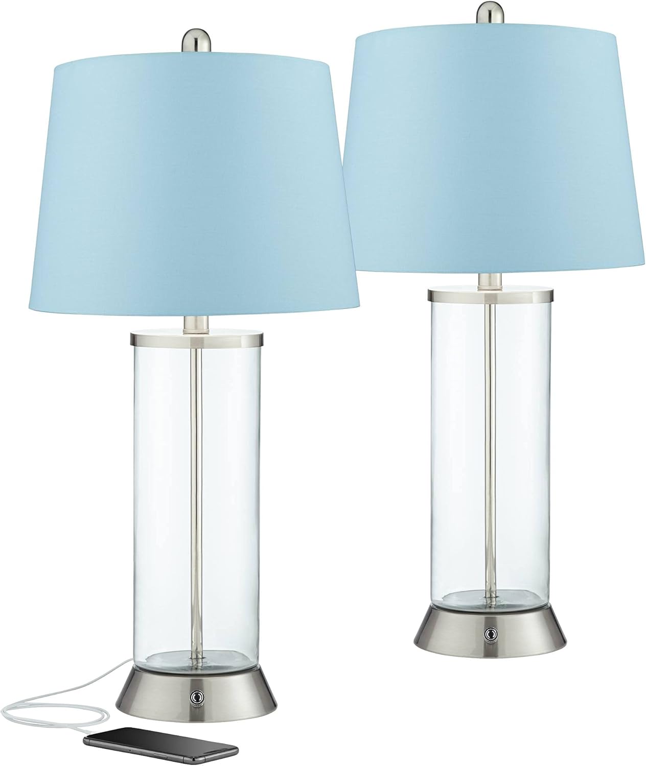 Watkin Modern Table Lamps Set of 2 LED with USB and AC Power Outlet in Base Dimmable Clear Glass Column White Drum Shade for Living Room Bedroom Bedside Nightstand Office Family - 360 Lighting