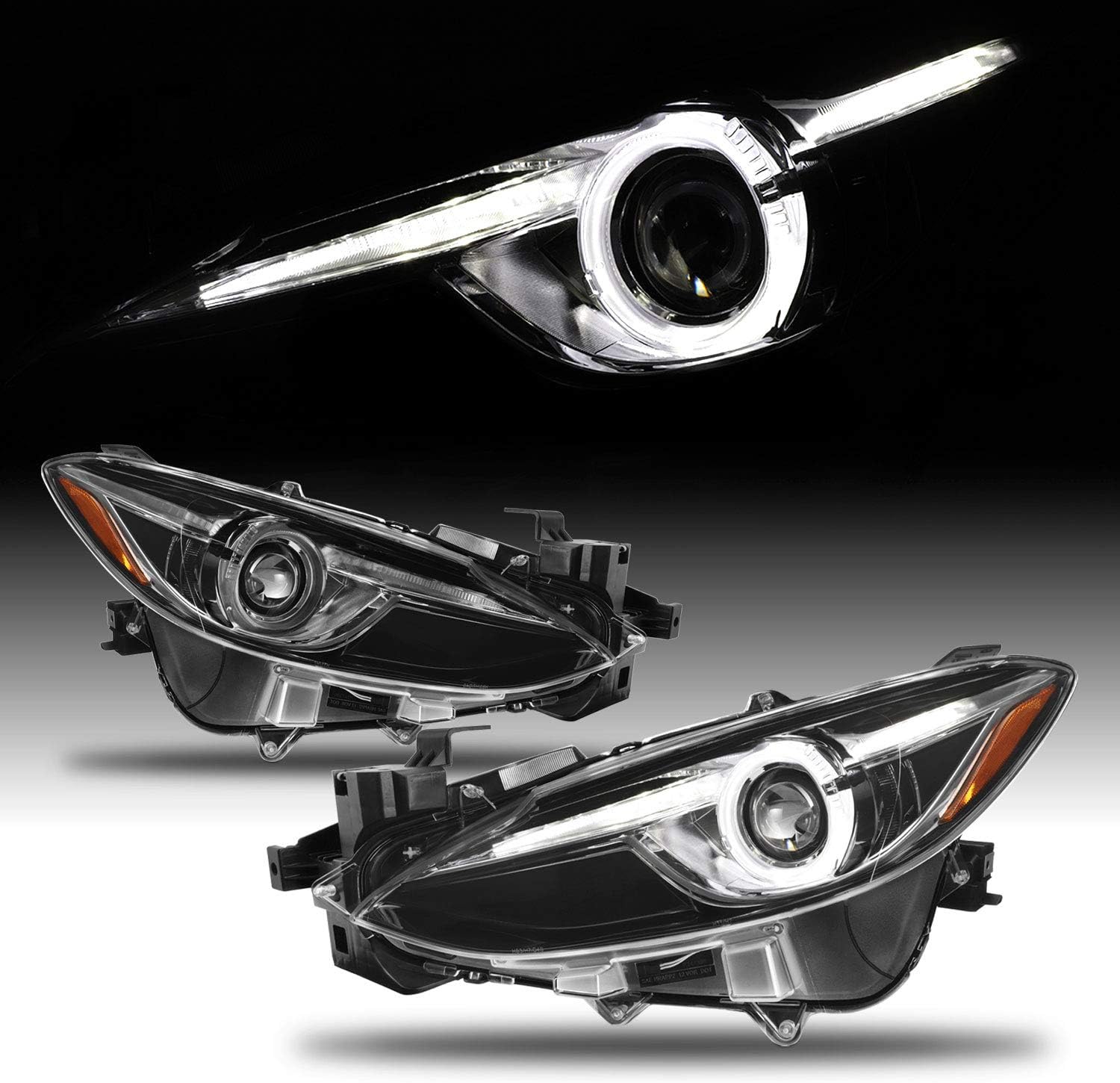 AKKON - [CX5 Style] For 2014 2015 2016 Mazda 3 Mazda3 LED Halo Projector Headlights Pair Black Housing