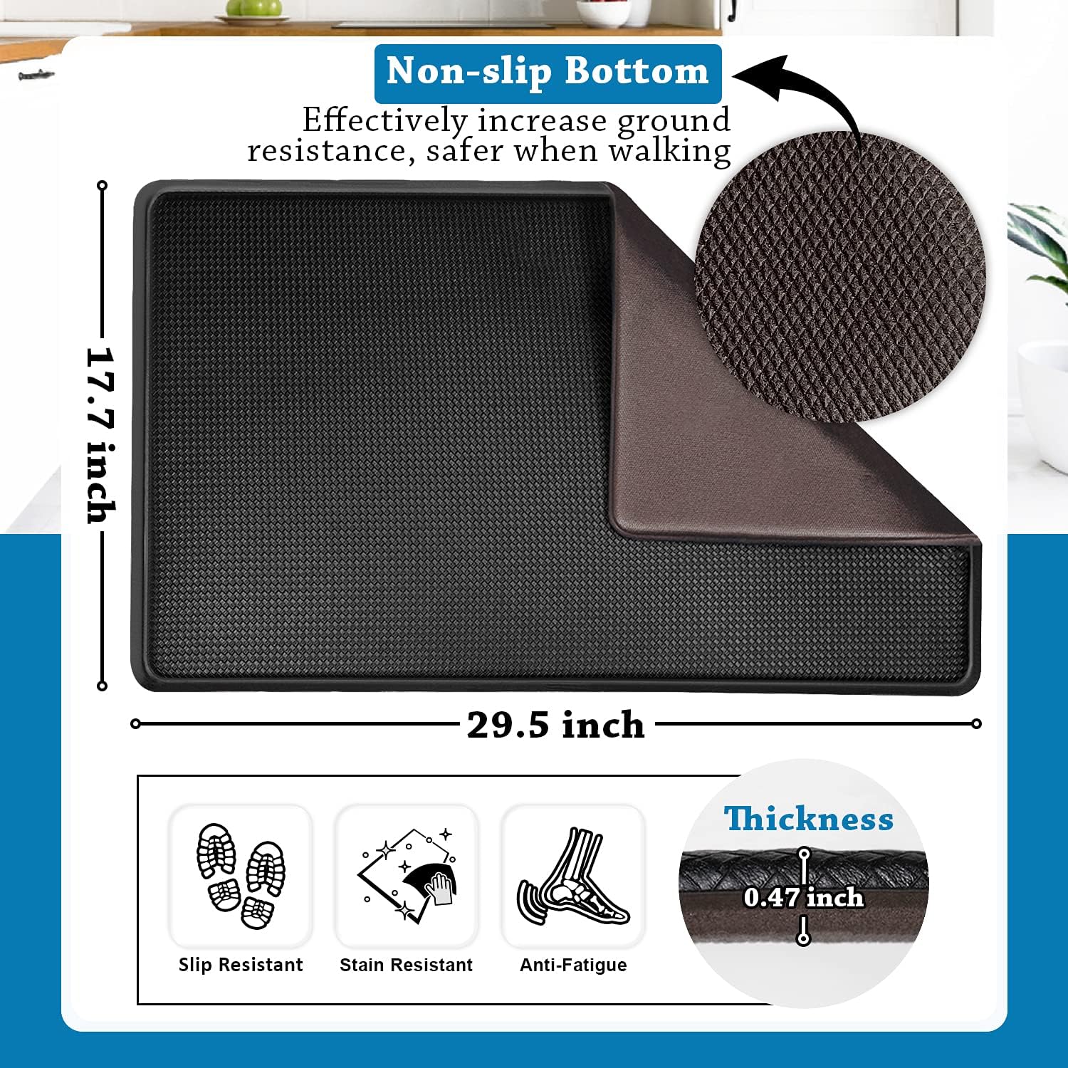 Kitchen Mat Cushioned Anti Fatigue Kitchen Rug, Waterproof Kitchen Rugs and Mats for Floor, Thick Non-Slip Standing Desk Mat for Kitchen, PVC Memory Foam Mat (Black, 17