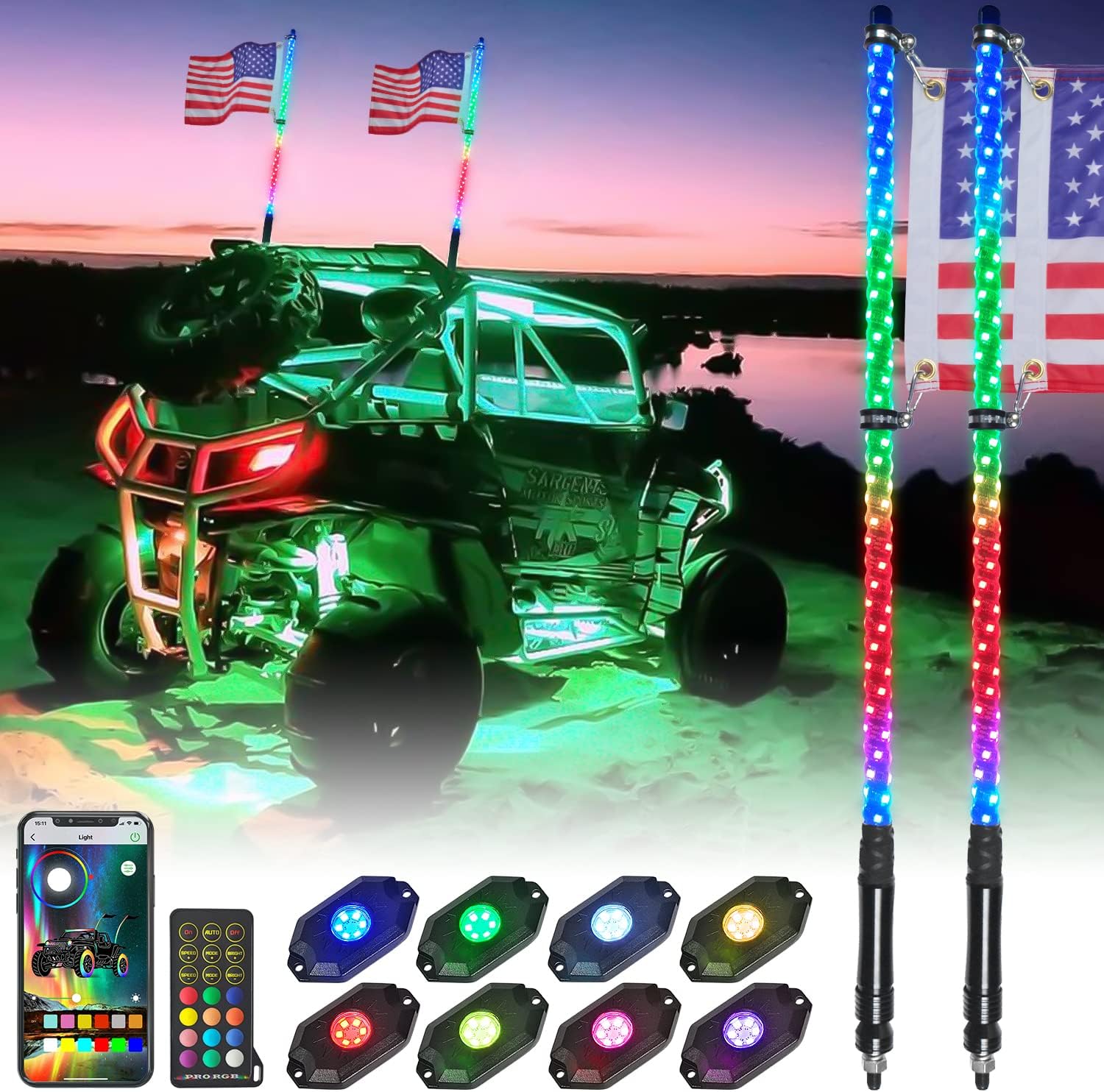 OHMU 2Pcs 3FT LED Whip Lights and Rocks Lights Package with Bluetooth and Remote Control Spiral RGB Chase Light Offroad 360&deg;Spiraling Rising Dream Wrapped Dancing Whips Side by Side