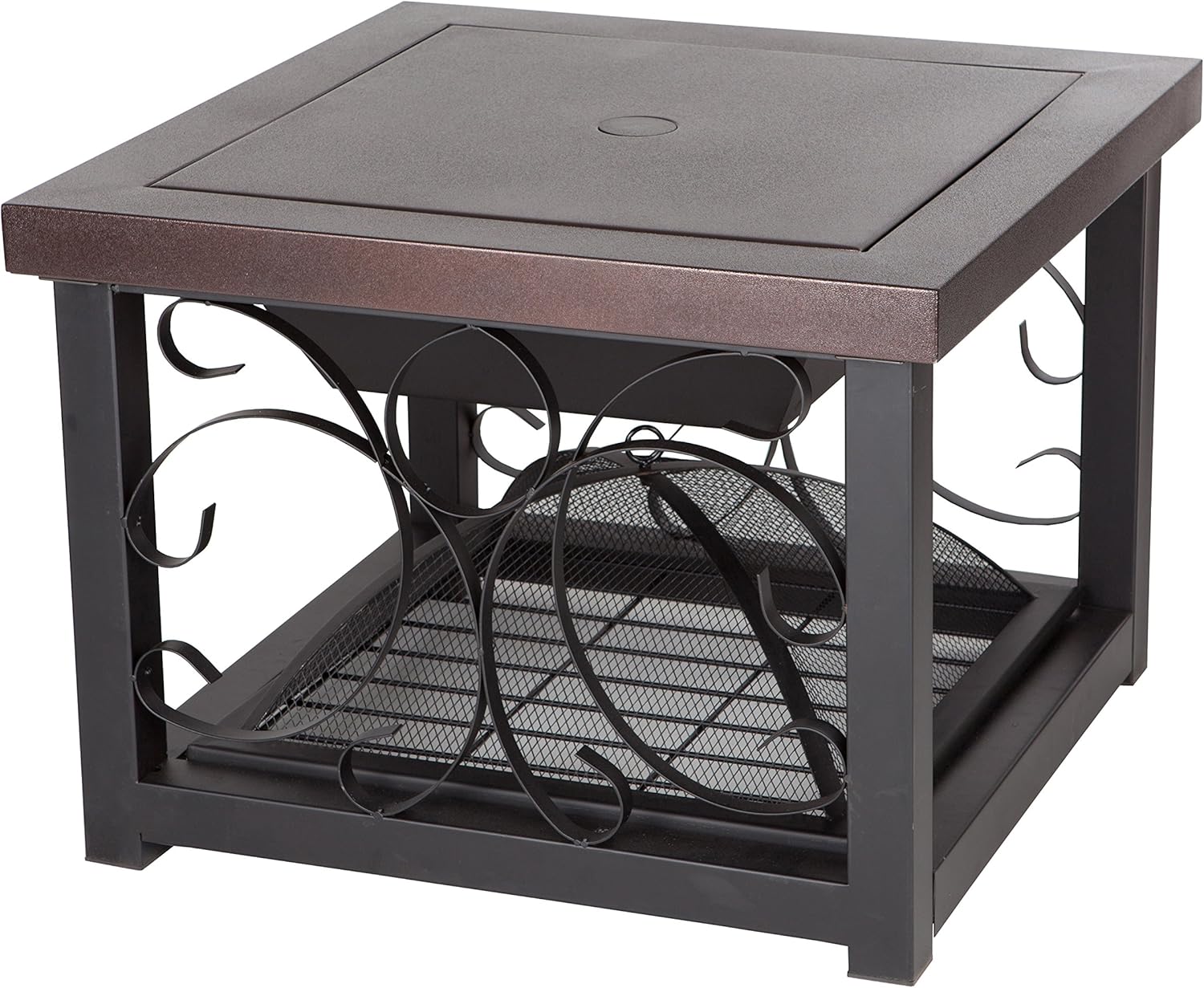 Fire Sense Hammer Tone Bronze Finish Cocktail Table Fire Pit | Wood Burning | Steel Mesh Spark Screen, Wood Grate, and Screen Lift Tool Included | Square Steel Fire Pit with Log Storage Rack |