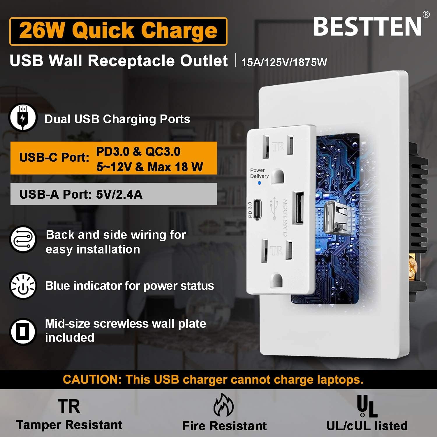 [3 Pack] BESTTEN 15 Amp Quick Charge USB Outlet with 5.2A/26W USB Charging Ports, Type C Supports PD & QC 3.0, Tamper Resistant Receptacle, Mid-Size Wallplate Included, UL listed, White Pack of 2