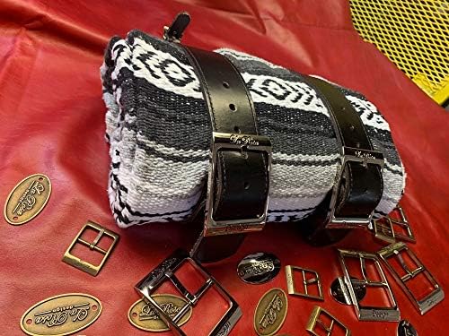 La Rosa Design Mexican Serape Roll-up Blanket with Black Leather Belts- Black/White/Gray Serape