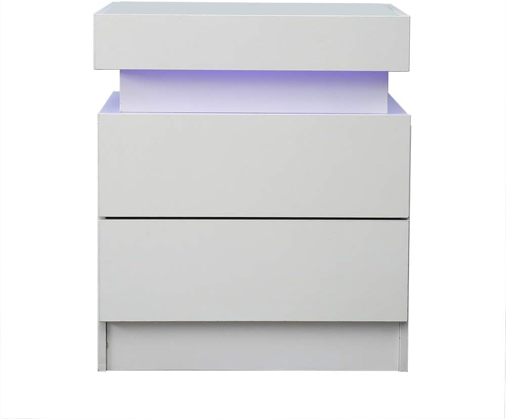 WINUS Bedroom LED Nightstand, Black/White Modern High Gloss LED Lights Nightstand Bedside End Table with 2 Drawers Table Cabinet with 2 Drawers (White)