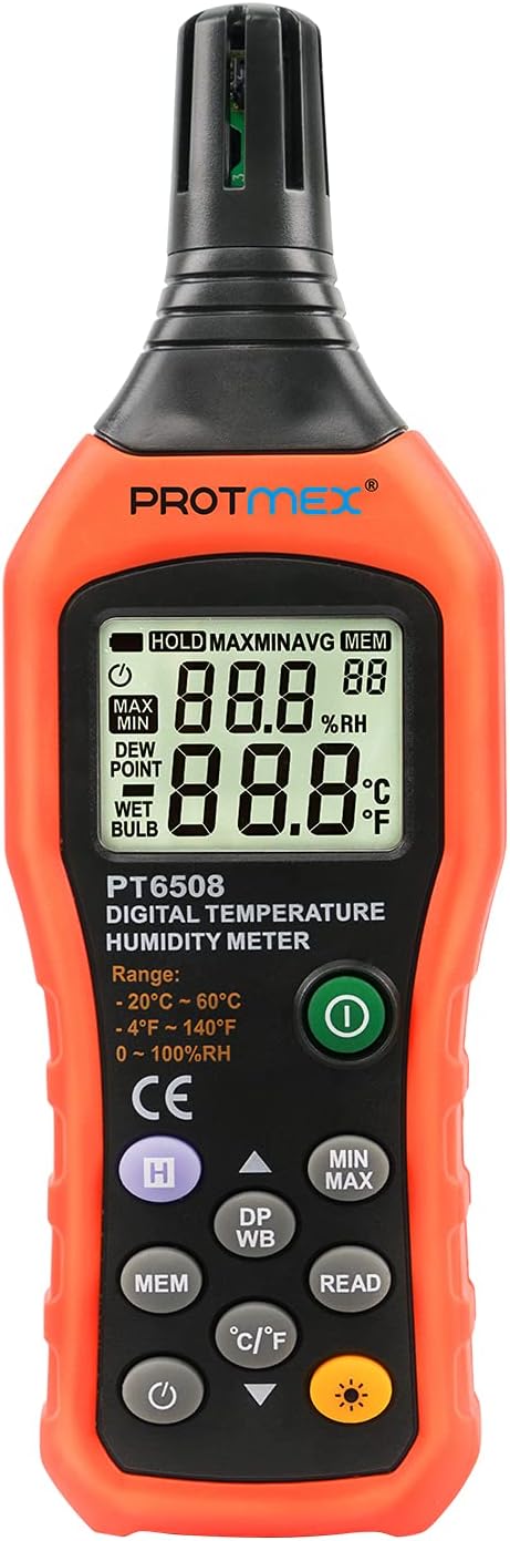Protmex PT6508 Temperature Humidity Meter Thermometer Hygrometer with Ambient,Dew Point, Wet Bulb for Indoor and Outdoor, Min/Max Hold, LCD Backlight