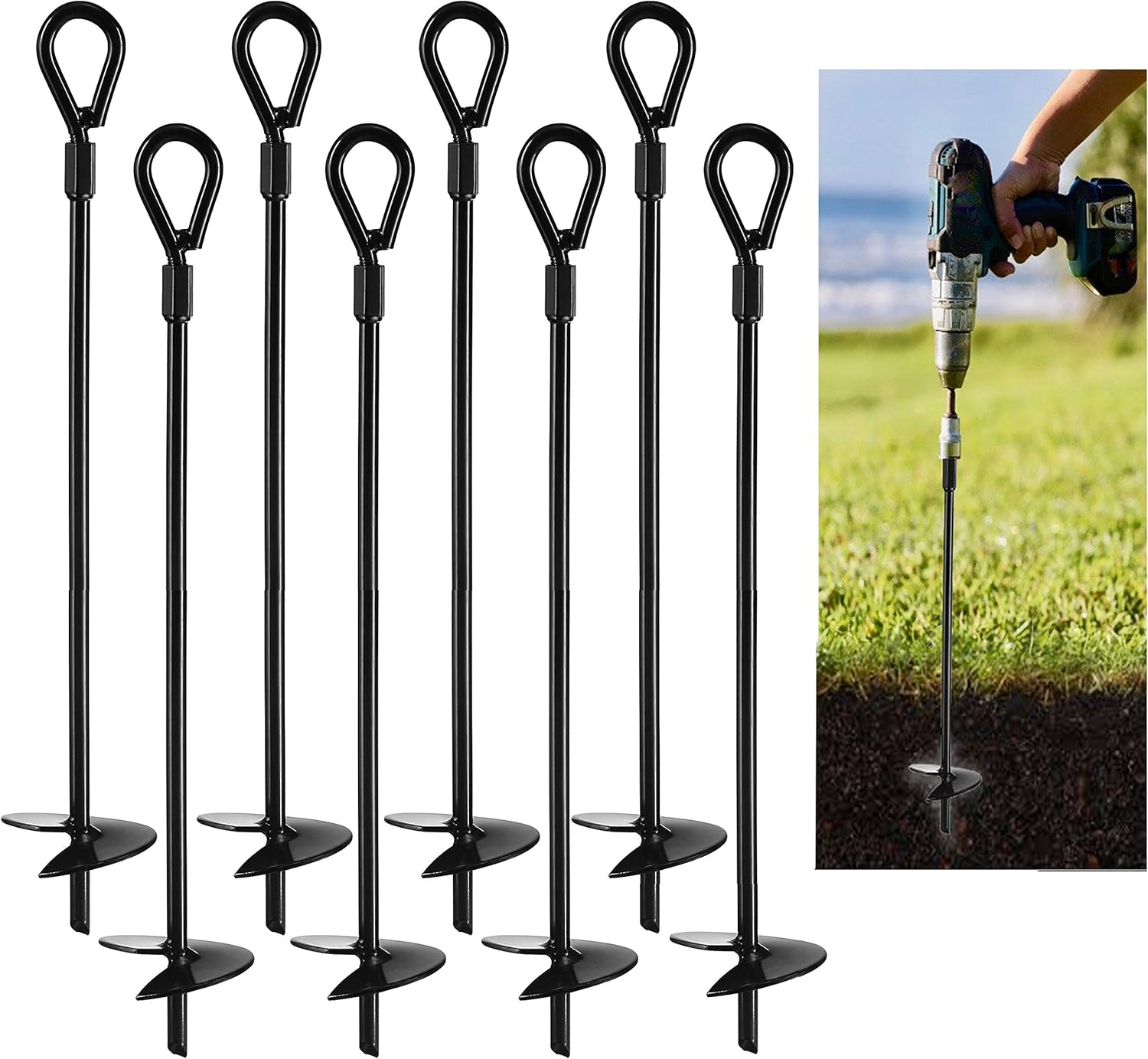 VASGOR 20&rdquo; Ground Anchors (8pcs) Easy to Use with Drill, 10mm Diameter, Heavy Duty Anchor Hook for Camping Tent, Canopies, Car Ports, Sheds, Swing Sets, Securing Animals &ndash; Black Powder Coated