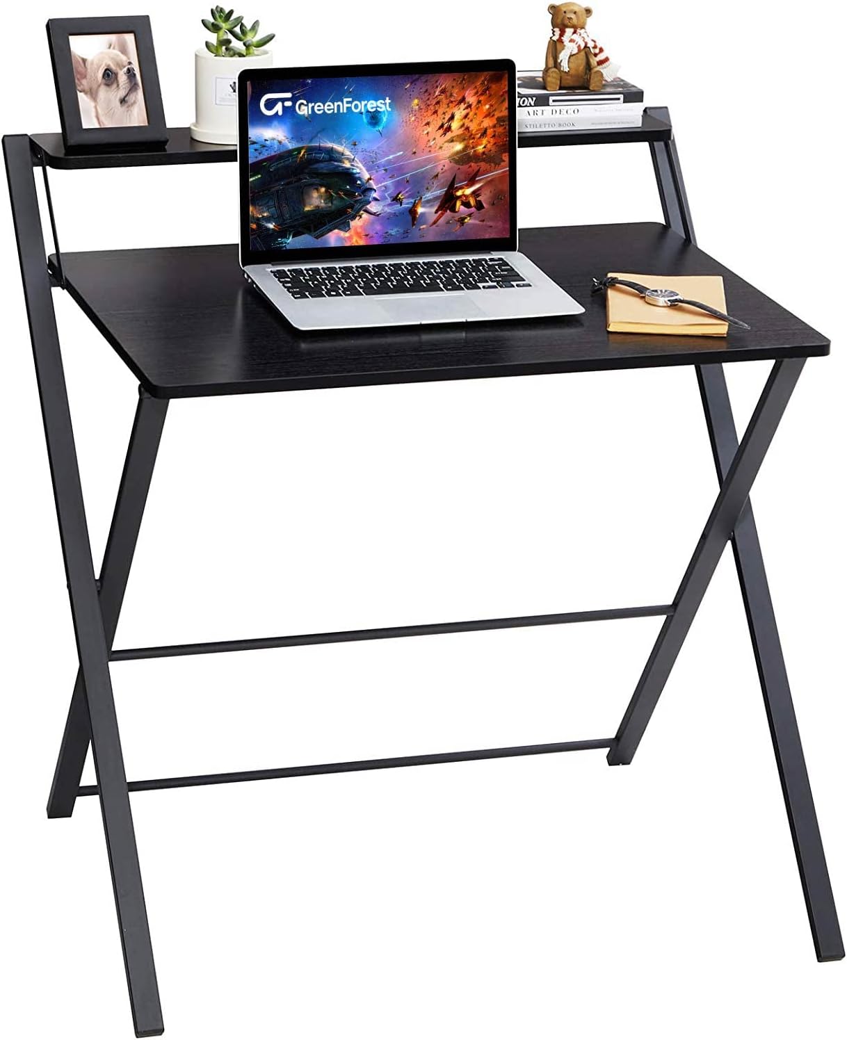 GreenForest Folding Computer Desk No Assembly Required 2 Tier Computer Desk with Shelf Space Saving Small Foldable Table Workstation, Brown
