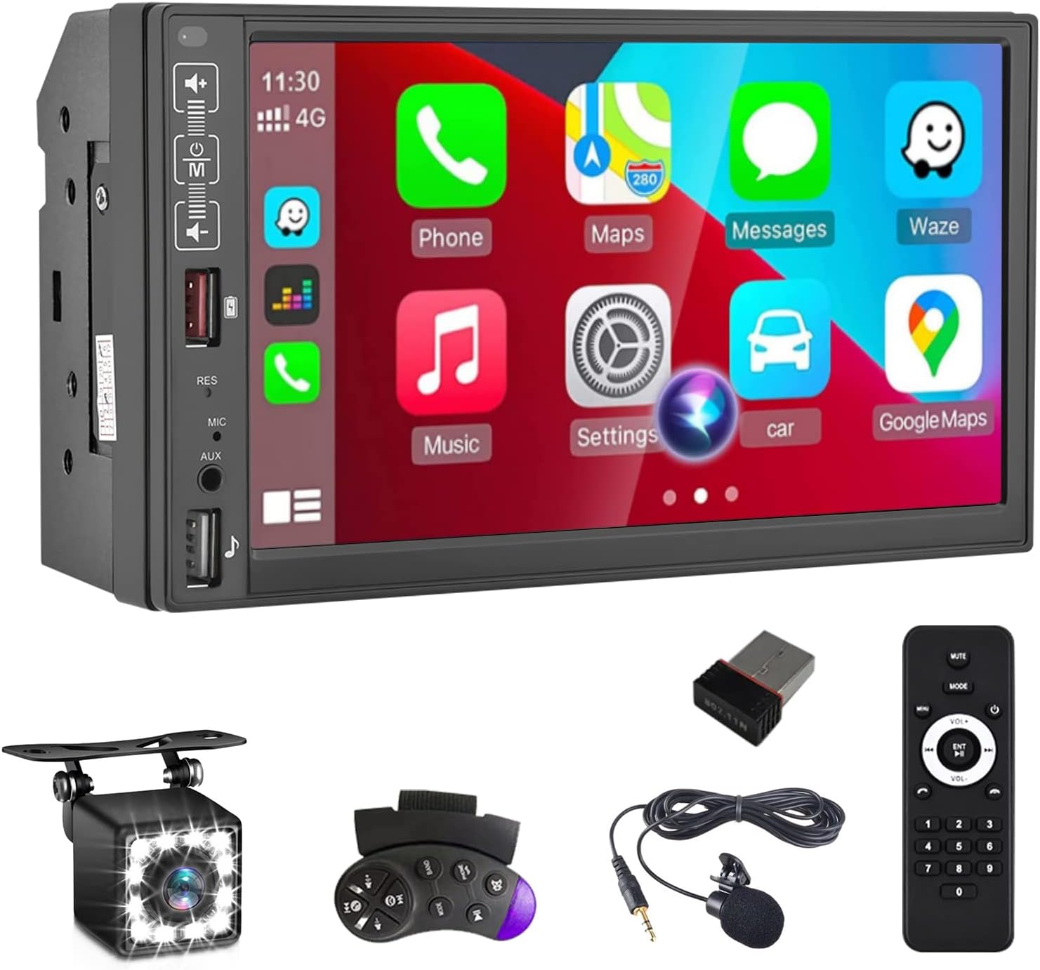 7 Inch Double Din Car Stereo with Carplay Android Auto Touch Screen Bluetooth Car Radio with FM Mirror Link USB SWC Backup Camera Remote Control Microphone