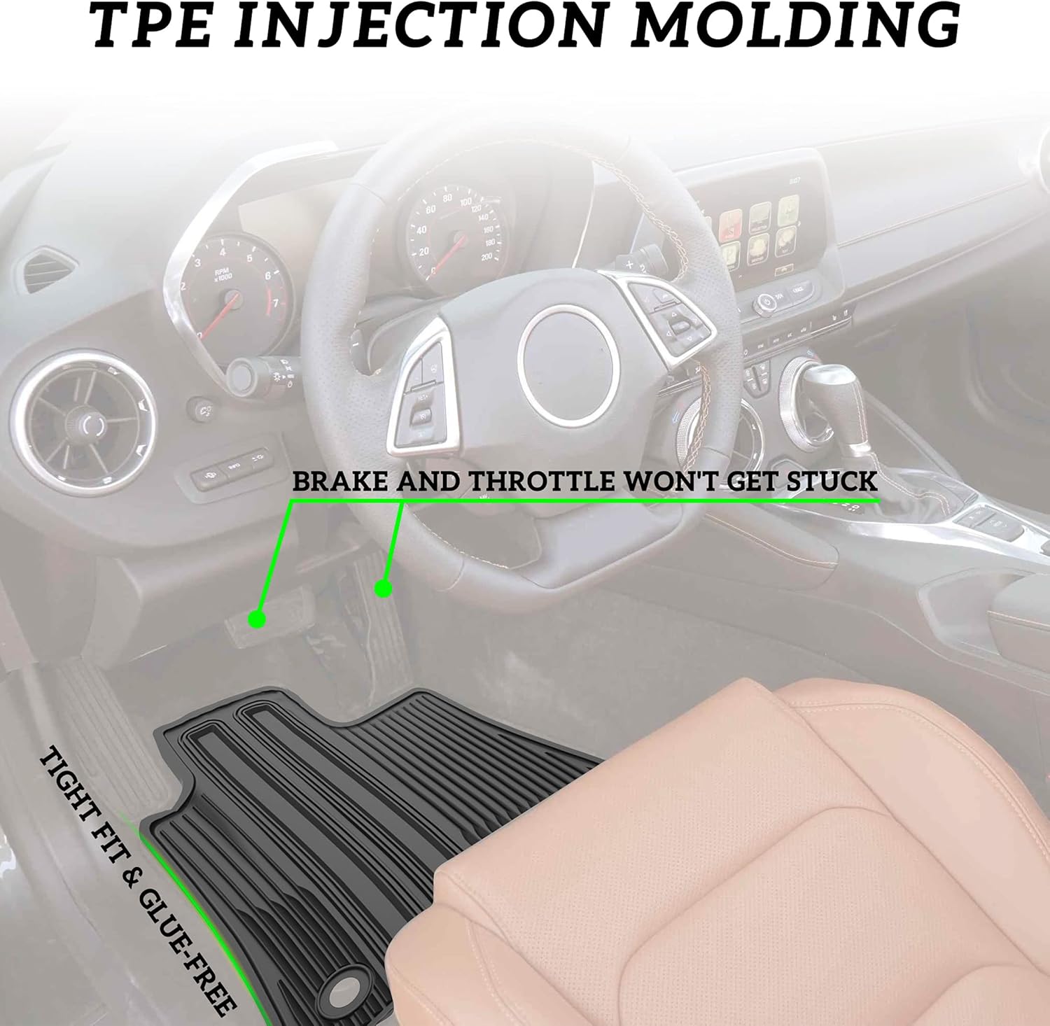 TPE Floor Mats for Camaro 16-21, KEWISAUTO Black Front & Rear 2 Row Floor Liner All Weather Protection Slush Mat Liner Set for Camaro 2016-2021 Accessories