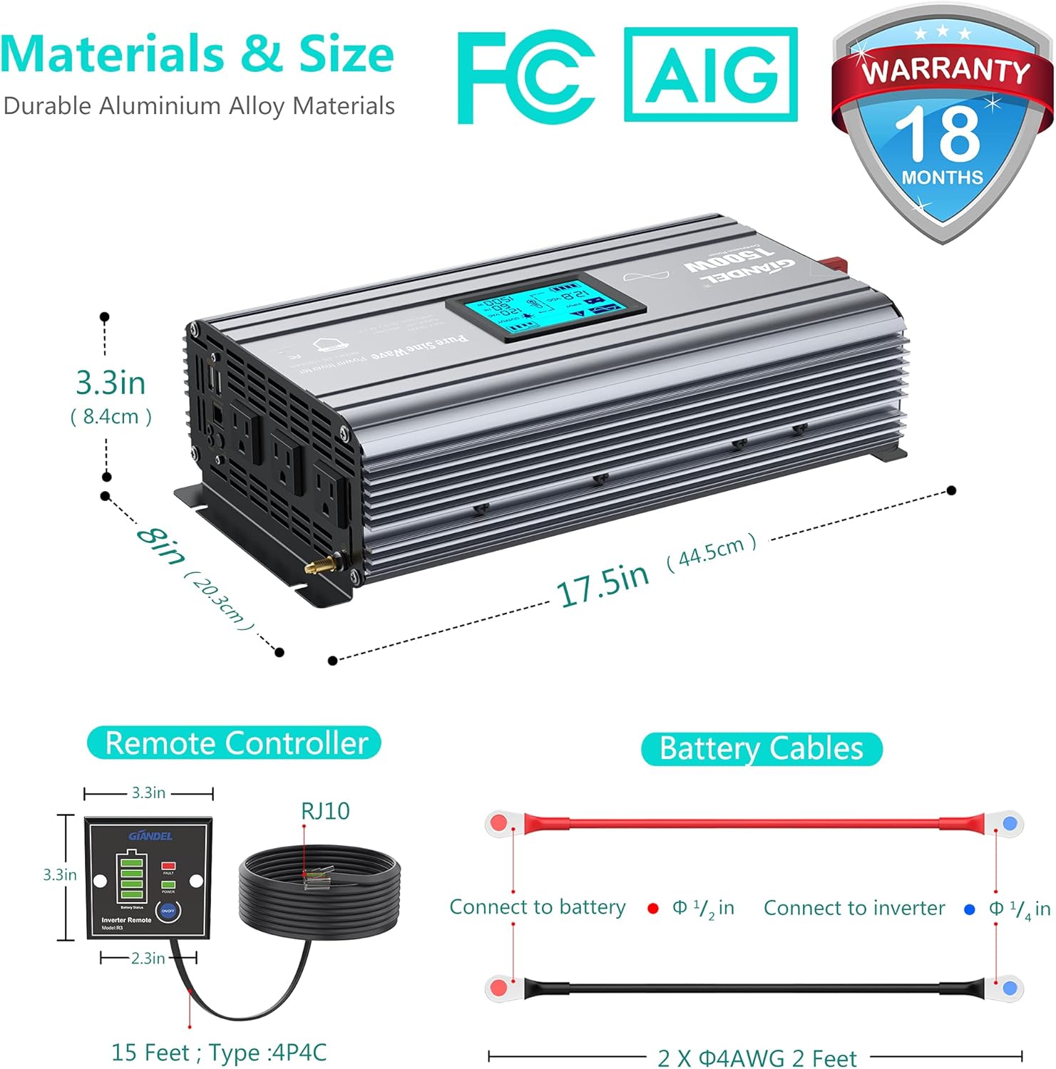 GIANDEL Pure Sine Wave Power Inverter 1500 Watt Upgraded with FCC Approval Converts DC 12V to AC 120V with LCD Display 3xAC Outlets & Remote Controller 2 USB Ports for RVs Trucks Boats and Emergency