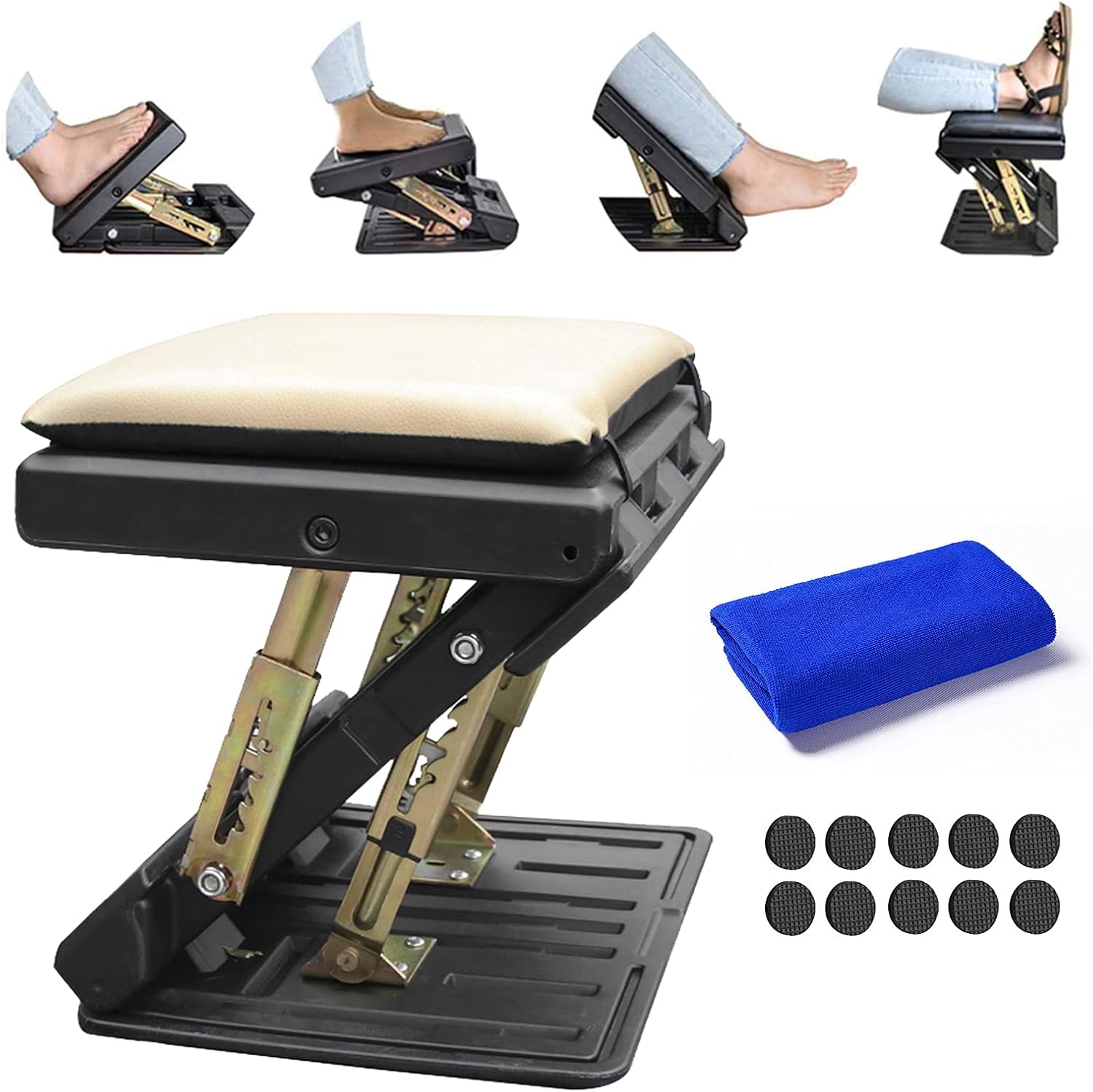 Ergonomic Footrest, Upgrade Adjustable Footrest Max-Load 180Lbs with Removable Soft Foot Rest Pad Under Desk Footrest for Car, Home, Train, 4-Level Height Adjustment (Beige) Pack of 2