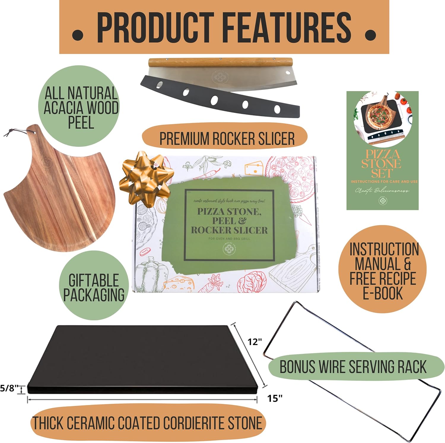 Black Pizza Stone for Oven and Grill with Wood Pizza Peel & Pizza Cutter - Cordierite Baking Stone Ceramic Coated Stainless and Non-stick - Detachable Serving Handles - 15 inch x 12 inch Large