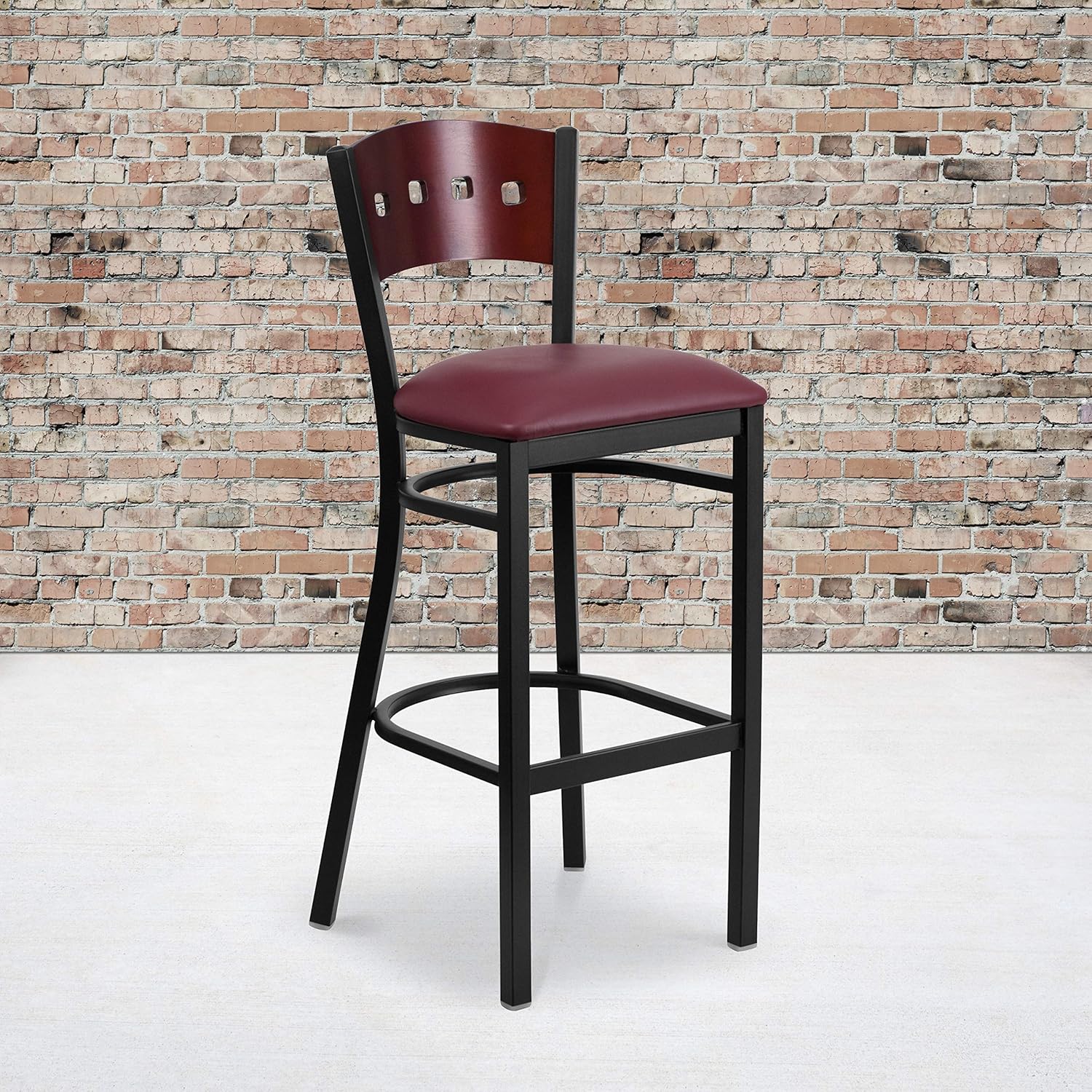Flash Furniture HERCULES Series Black 4 Square Back Metal Restaurant Barstool - Mahogany Wood Back, Black Vinyl Seat