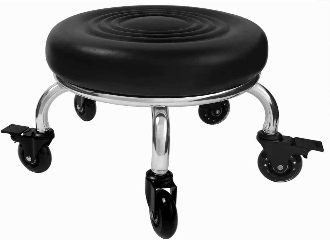 Heavy Duty Rolling Stool with Universal Swivel Caster Wheels IMMER LIEBEN Home Roller Stool for Adult Child Kitchen Library Garage Pottery Making Modern Round Black