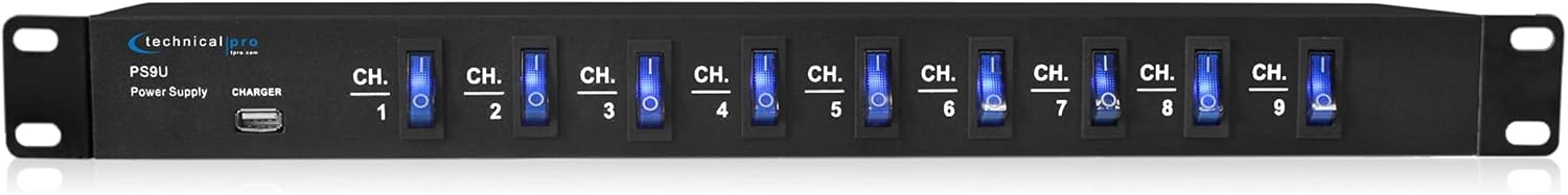 Technical Pro Electric Rack Mount Power Supply Surge Protector with 9 Power switches, 1800 Watts Max Load, 5V USB Charging Port, 9 Outlet High Load Power Cord (4 Foot)… Pack of 2