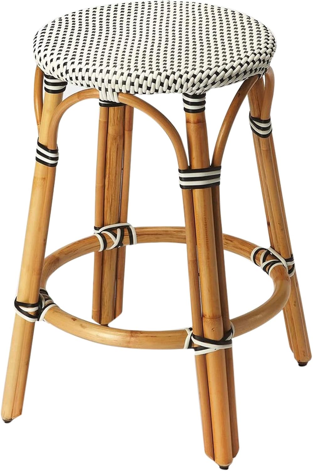 Offex Transitional Rattan Black and White Striped Pattern Round Backless Counter Stool