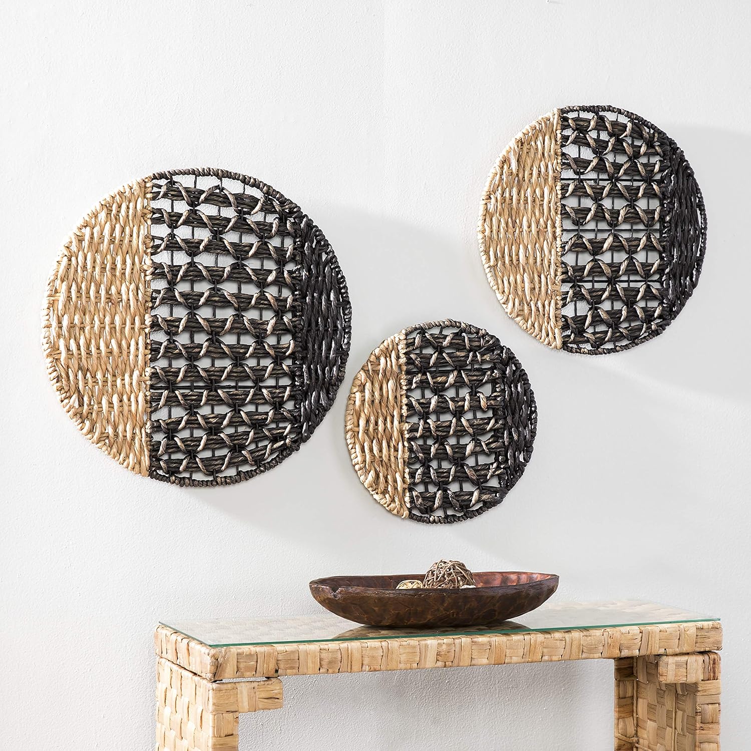 2-Tone Woven Water Wall Decor (Set of 3) Black Tan Bohemian Eclectic Iron Metal Pack of 2