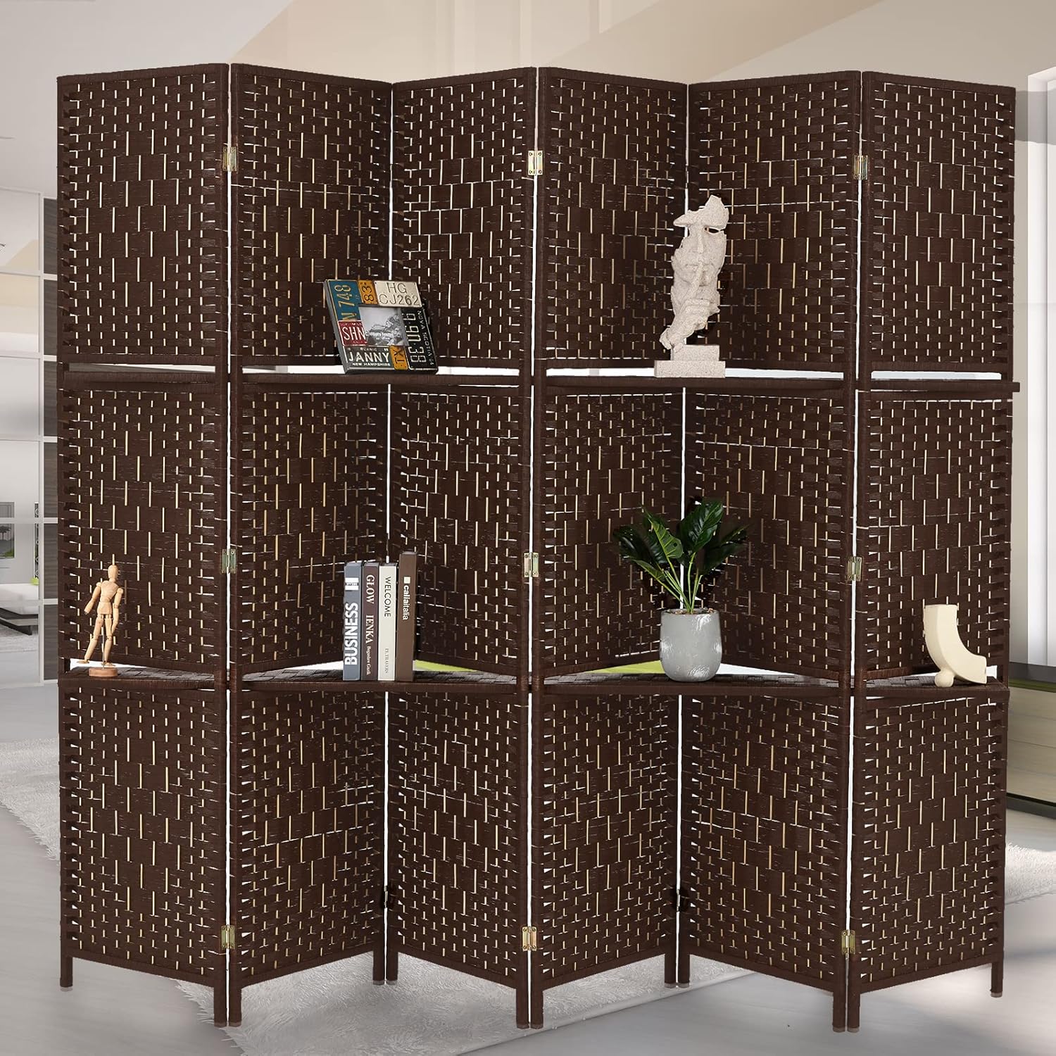 HADDOCKWAY 4 Panel Room Divider 6FT Tall Weave Fiber Room Dividers Screen with 2 Display Shelves Folding Privacy Partition Wall with Double Hinged for Freestanding Room Separator Brown