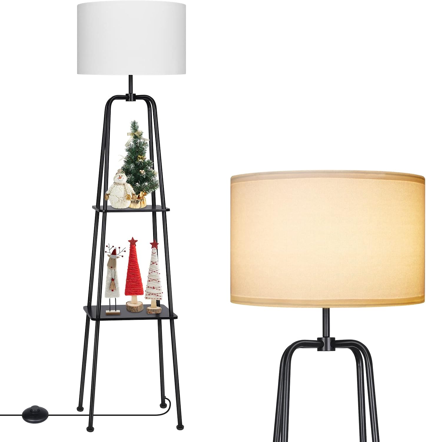 DEWENWILS 60 inch Modern Black Floor Lamp with Shelves, 2-Tier Display Shelf, Reading Lamp with Fabric Linen Drum Shade, Standing Storage Lamp for Living Room, Bedroom, Office