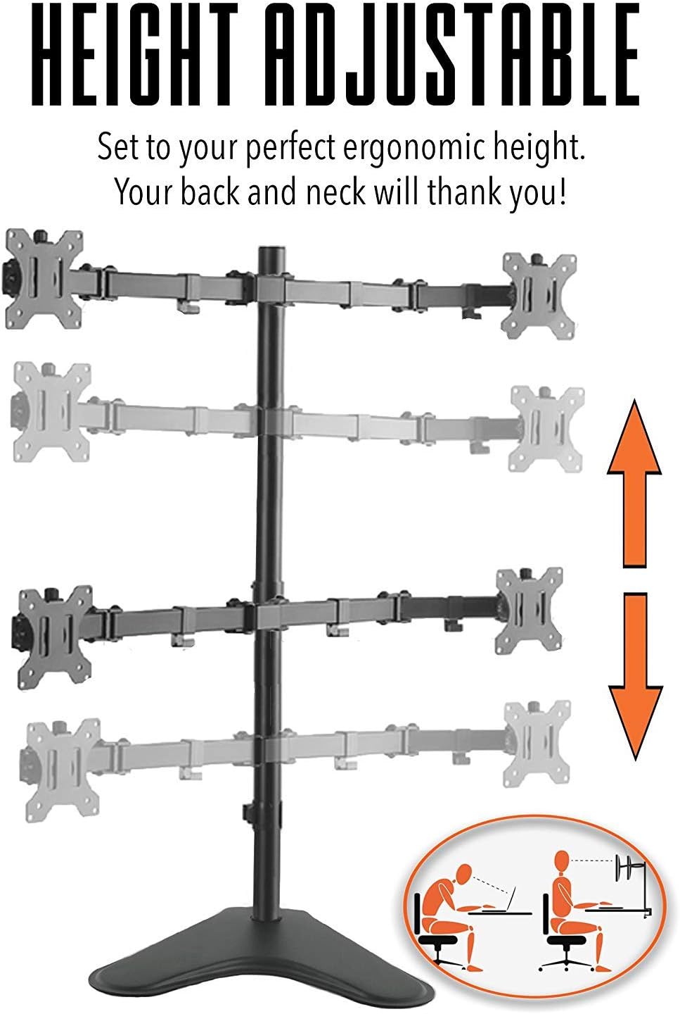 Stand Steady 4 Monitor Mount | Height Adjustable Monitor Stand with Stabilizing Freestanding Base | Four Monitor Arm with Full Articulation VESA Mount Fits Most LCD/LED Monitors 17-32 in. (Black)