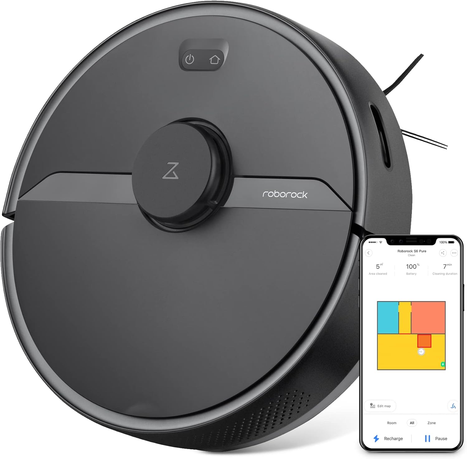 Roborock S6 Pure Robot Vacuum and Mop, Multi-Floor Mapping, Lidar Navigation, No-go Zones, Selective Room Cleaning, 2000Pa Suction Robotic Vacuum Cleaner, Wi-Fi Connected, Alexa Voice Control (Black)
