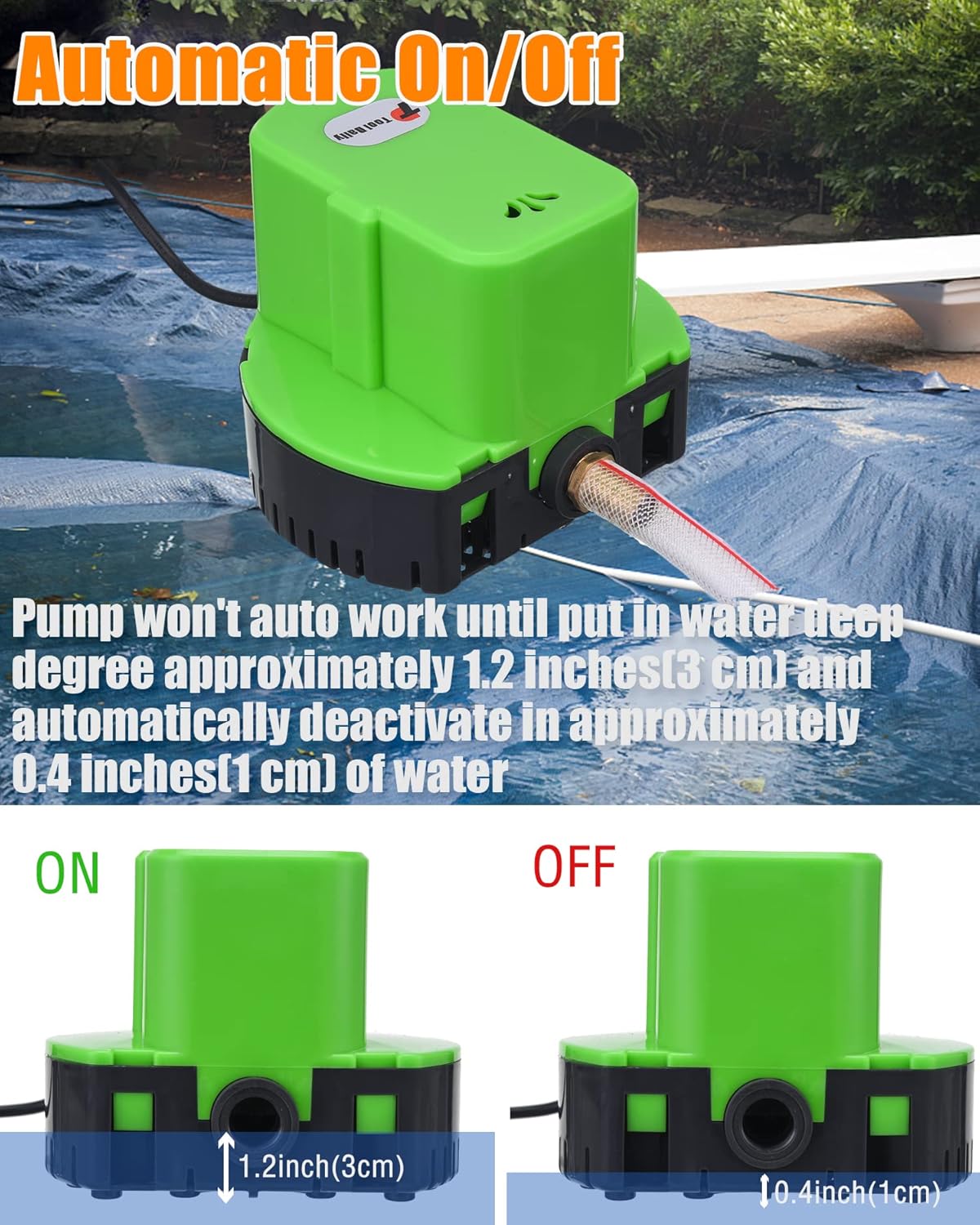 Automatic Pool Cover Pump, Submersible Pool Cover Pump 1200 GPH, Sump Pump with 4 Adapters 16ft Drainage Hose Pack of 2