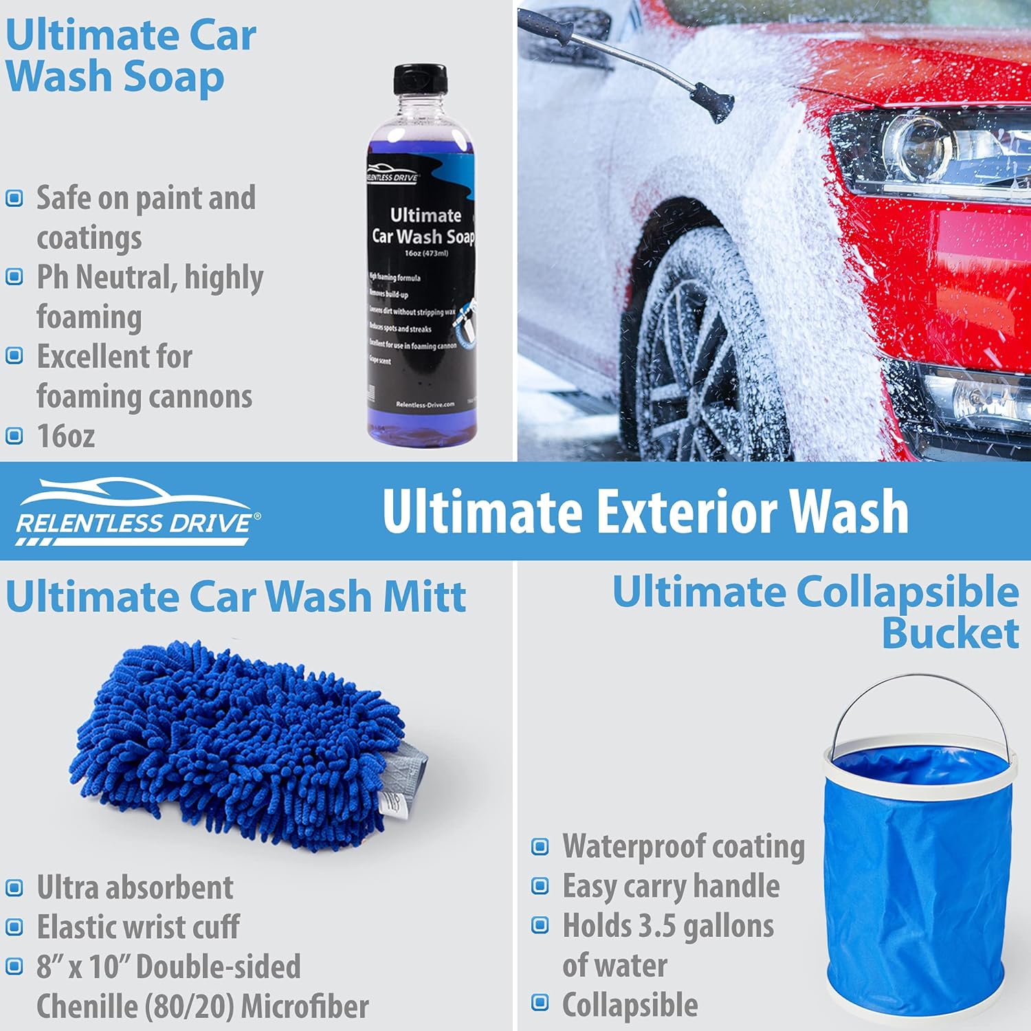 Relentless Drive Car Detailing Kit (18pc) - Car Cleaning Kit - Car Wash Kit - Complete Car Wash Kit with Bucket for Perfect Car Wash | Interior Car Cleaner and Wheel Cleaner Pack of 2