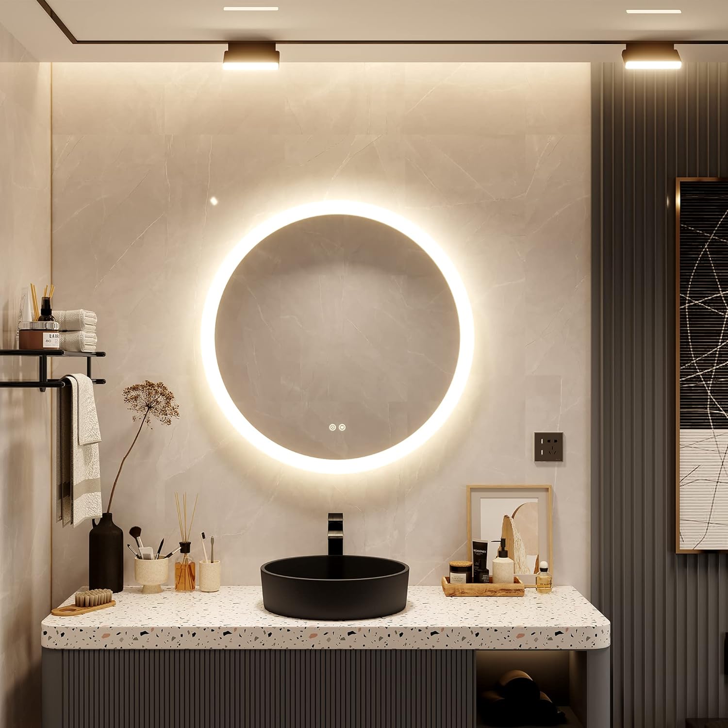 DecorVella 32 Inch Round LED Backlit Bathroom Mirror, Frosted Frameless Wall-Mounted Vanity Mirrors with Lights, Dimmable Adjustable Warm/Natural/White Lights, Anti-Fog, Rust-Proof&Water-Proof