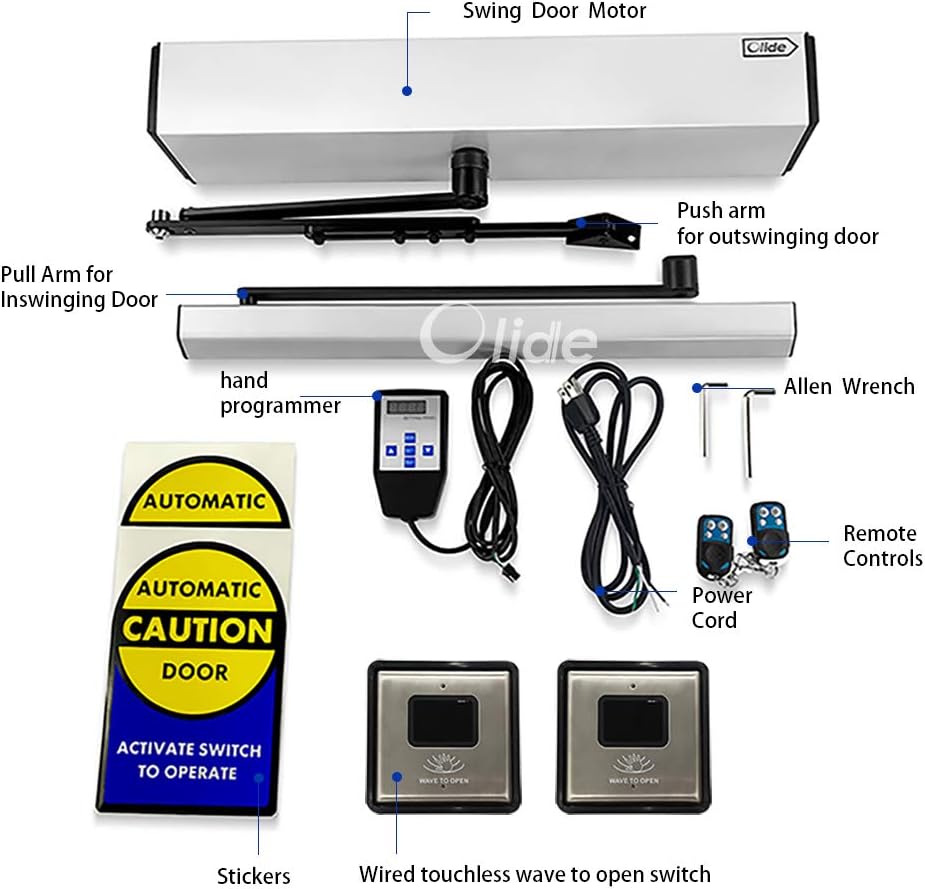 Olideauto Touch Free Automatic Door Opener for Commercial Exterior Swing Door,Contactless Wave Sensor Open Swing Door with 2pcs Square 4.5'' Olide-513 Touchless Wired Wave to Open Sensor Switches
