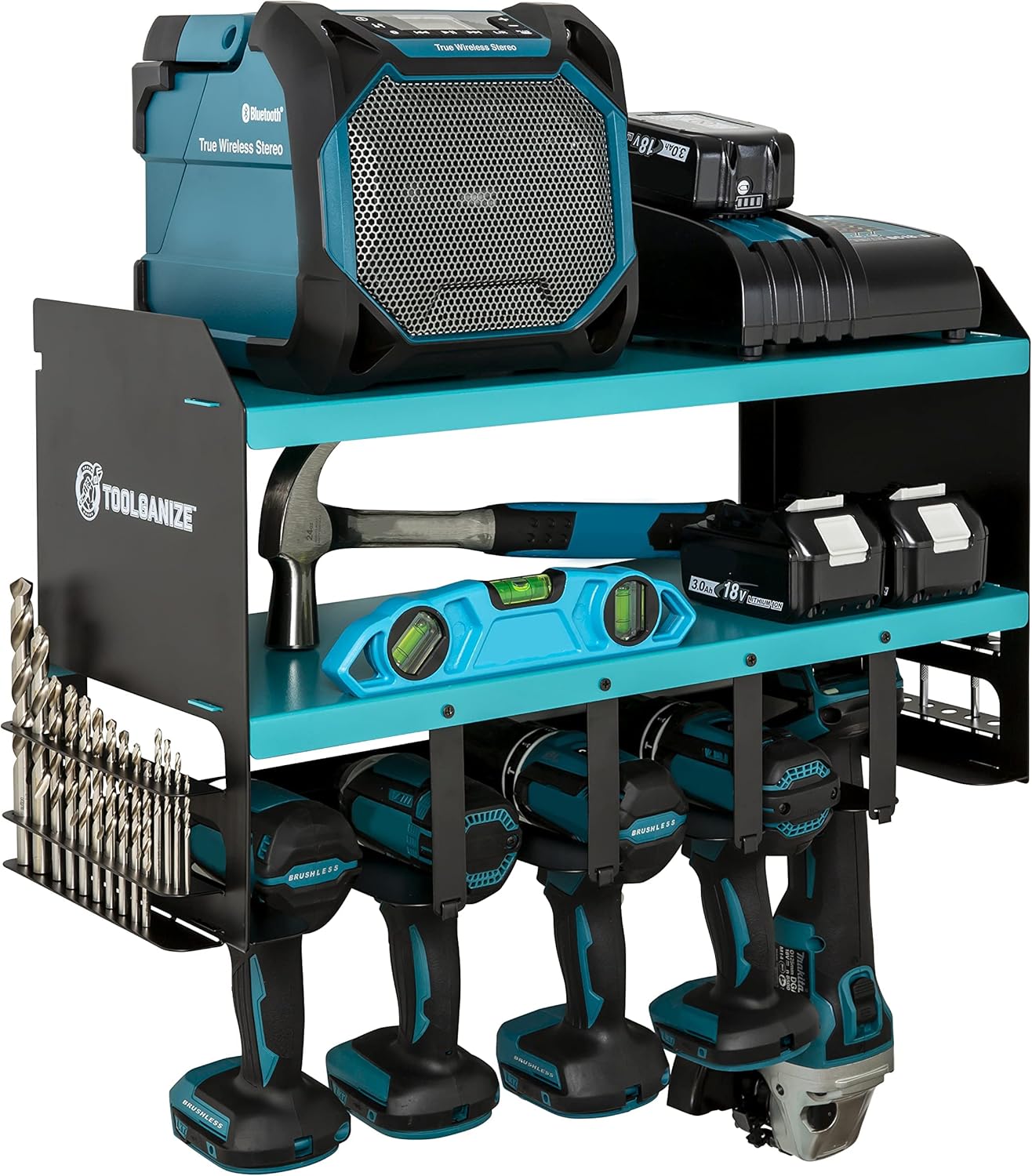 TOOLGANIZE Power Tool Organizer - 5 Drill Holder , Cordless Drill Charging Station , Wall Mount Shelf Screwdriver Holder , Jobber Bit Workshop Rack - Premium Garage Storage & Organization , Yellow