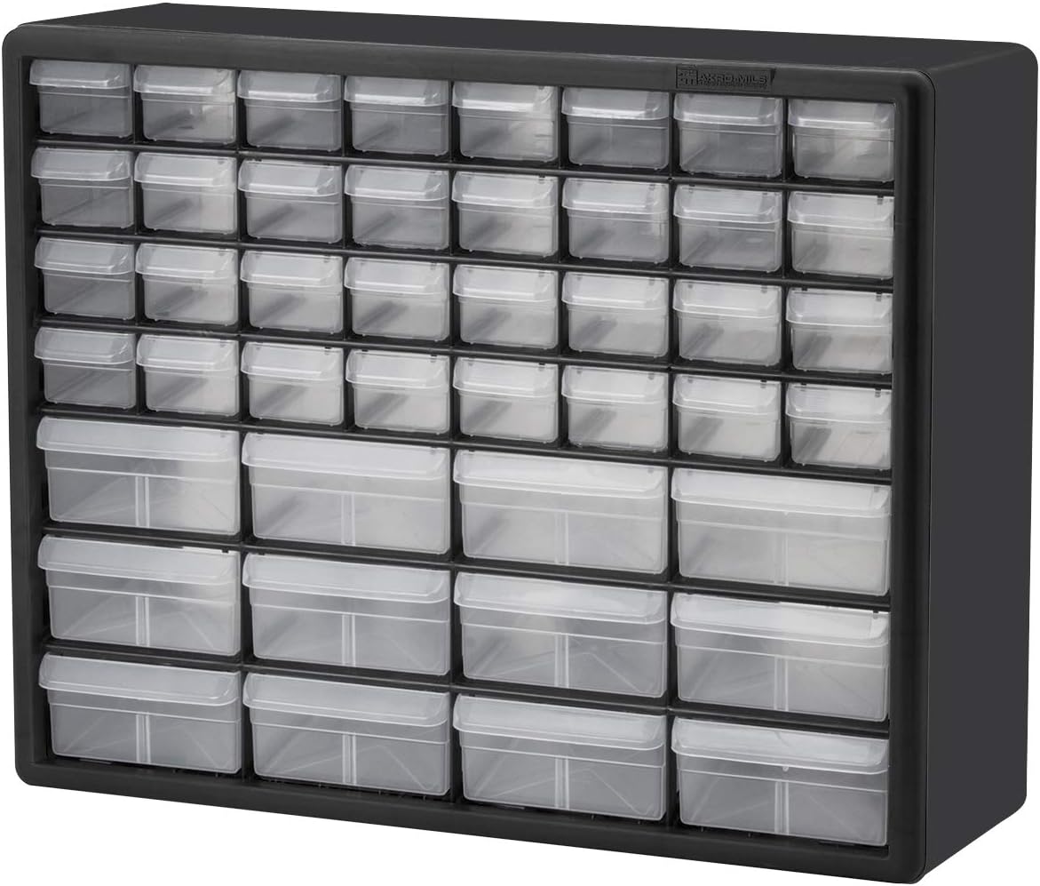 Akro-Mils 10164, 64 Drawer Plastic Parts Storage Hardware and Craft Cabinet, 20-Inch W x 6-Inch D x 16-Inch H, Black