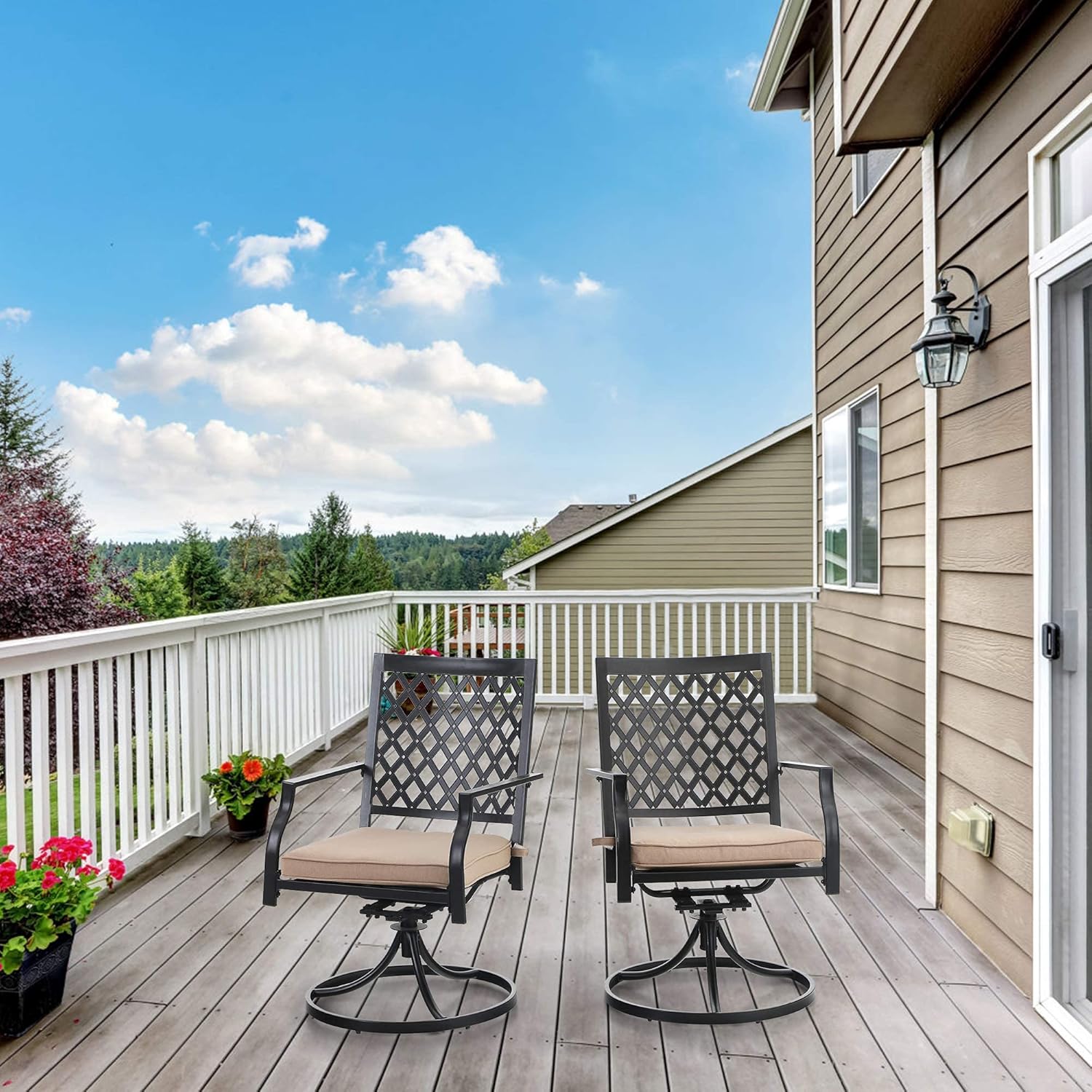 PHI VILLA Outdoor Metal Swivel Chairs Set of 2 Patio Dining Chair with Cushion Furniture Set for Garden Backyard Bistro, Small Grid, Black