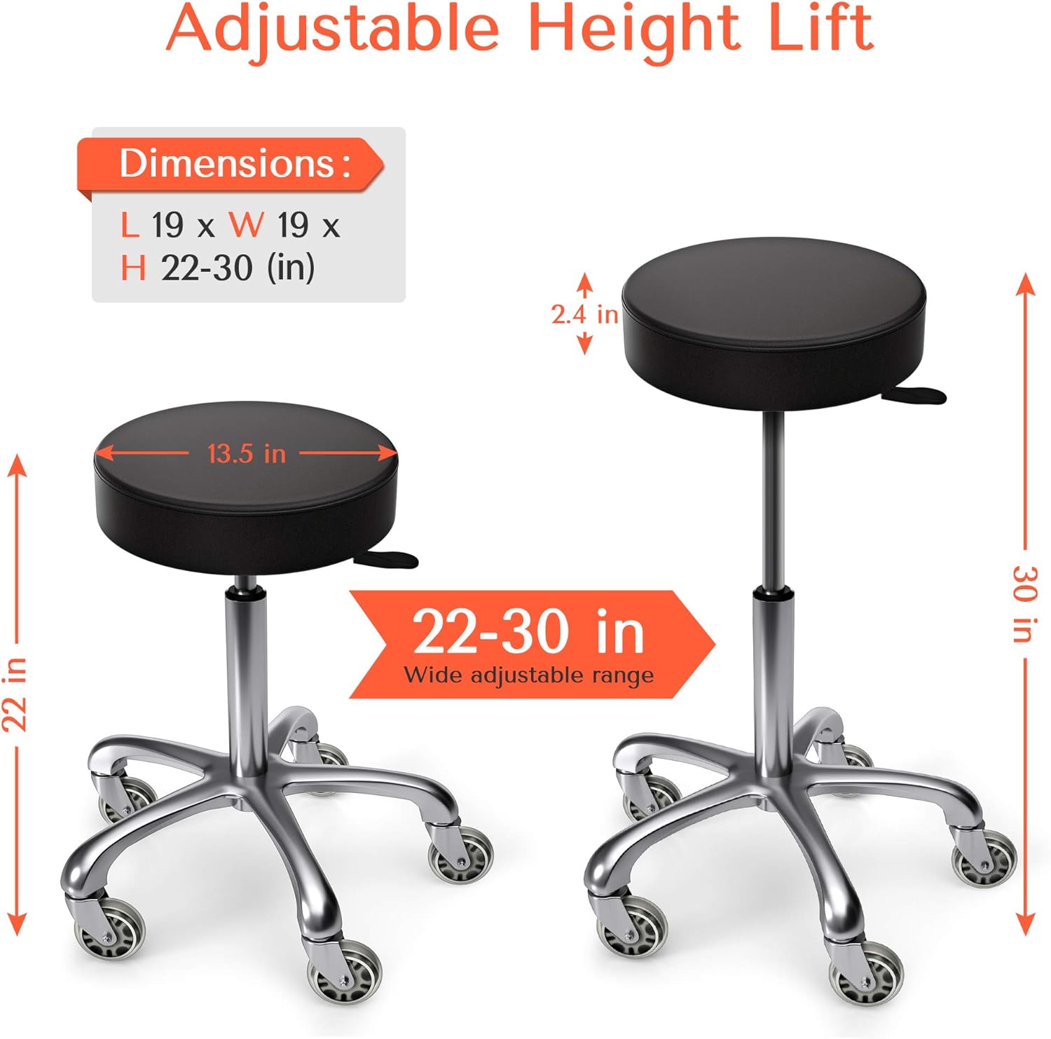 TASALON Rolling Stool - Adjustable Stool with Wheels - Soft Swivel Workbench Stool- Desk Stool Chair for Kitchen, Salon, Spa, Tattoo, Pedicure - Massage Stool Salon Stool Esthetician Chair &ndash; Black