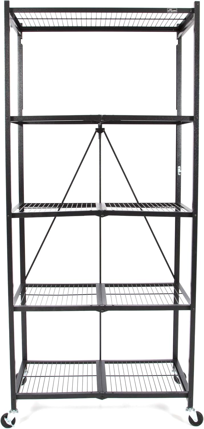 Origami 5-Shelf Foldable Storage Shelves for Garage Kitchen Home Closet, Metal Wire, Collapsible Organizer Rack, Holds up to 1000 pounds, Powder-Coated Steel, Heavy Duty | White