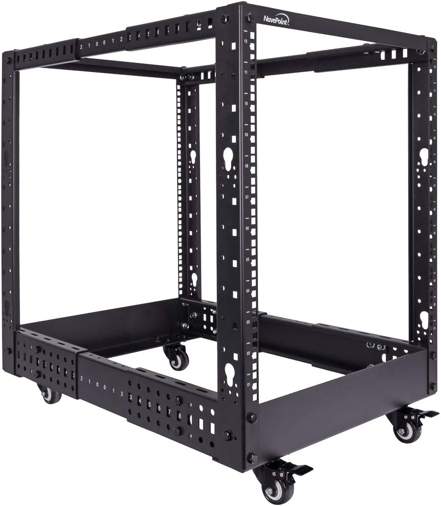 NavePoint 12U Professional 4-Post IT Open Frame Server Network Relay Rack Black