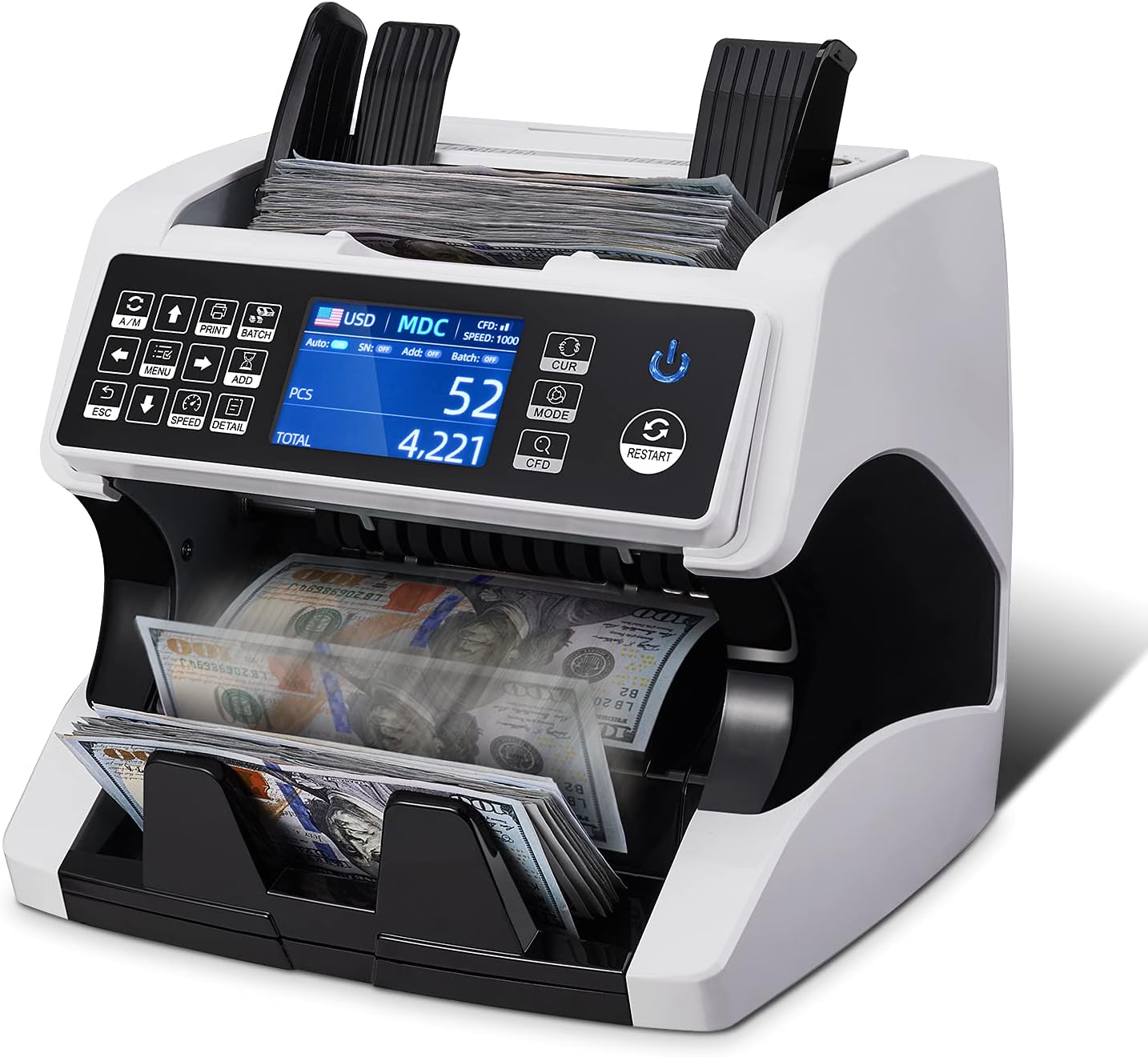 MUNBYN Bank Grade Money Counter Machine Mixed Denomination, Value Counting, Serial Number, Multi Currency, 2CIS/UV/IR/MG/MT Counterfeit Detection, Printer Enabled Bill Value Counter for Small Business