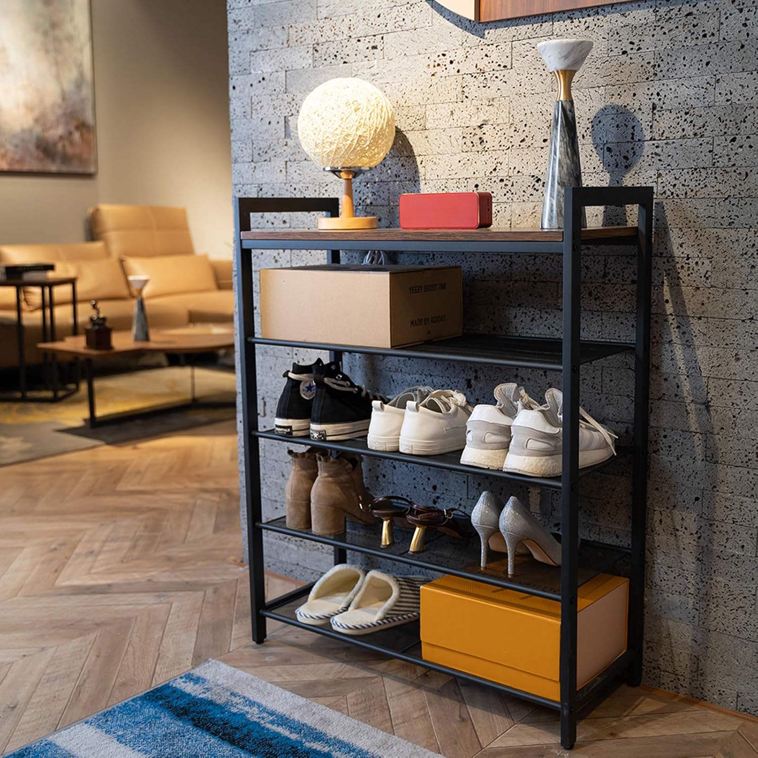 JPNTOYE Shoe Rack, 5-Tier Shoe Organizer Shelf, Durable and Stable for Entryway, Hallway, Closet, Dorm Room, Industrial, Rustic Brown (5-Tier)