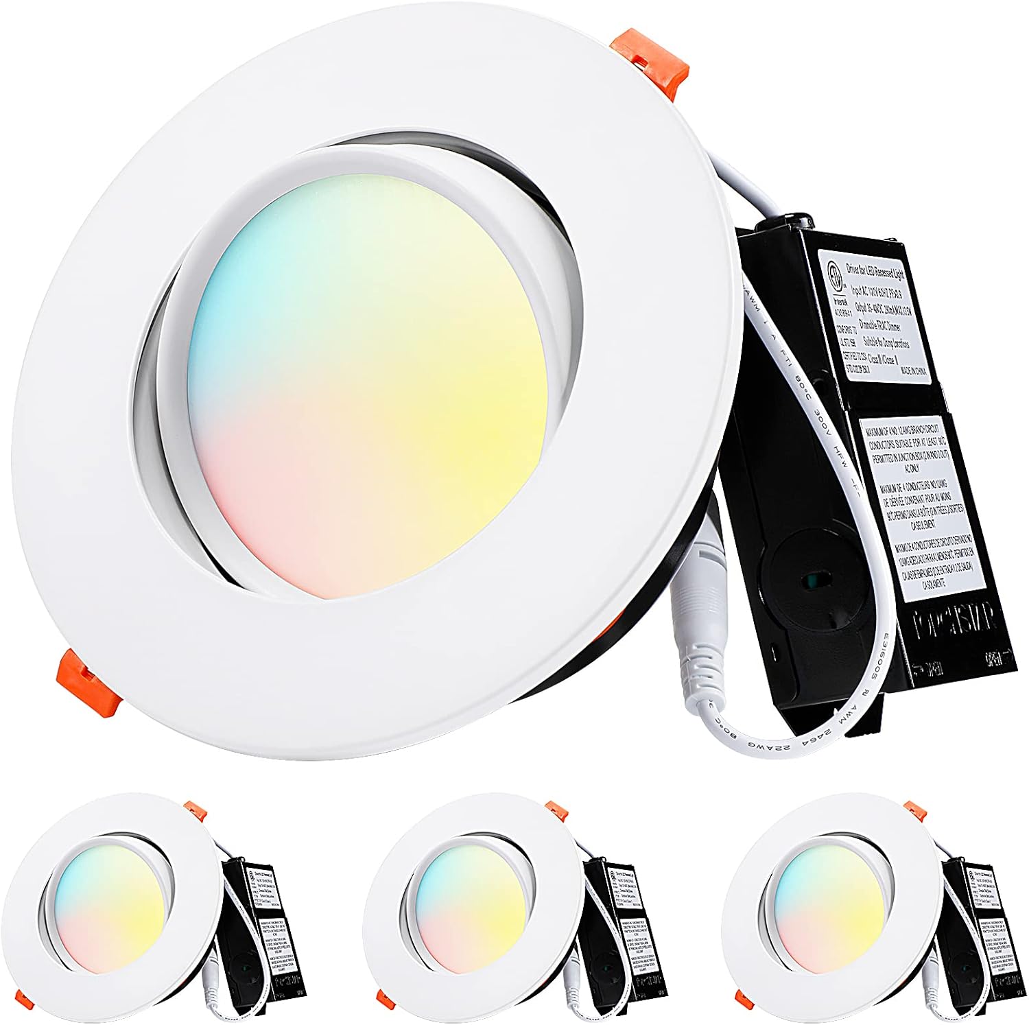 TORCHSTAR 6 Inch 5CCT Gimbal LED Recessed Lighting with Junction Box Air Tight, CRI 90+ 2700K/3000K/3500K/4000K/5000K Selectable, 10%-100% Dimmable, JA8/ETL/Energy Star, 5-Year Warranty, Pack of 4