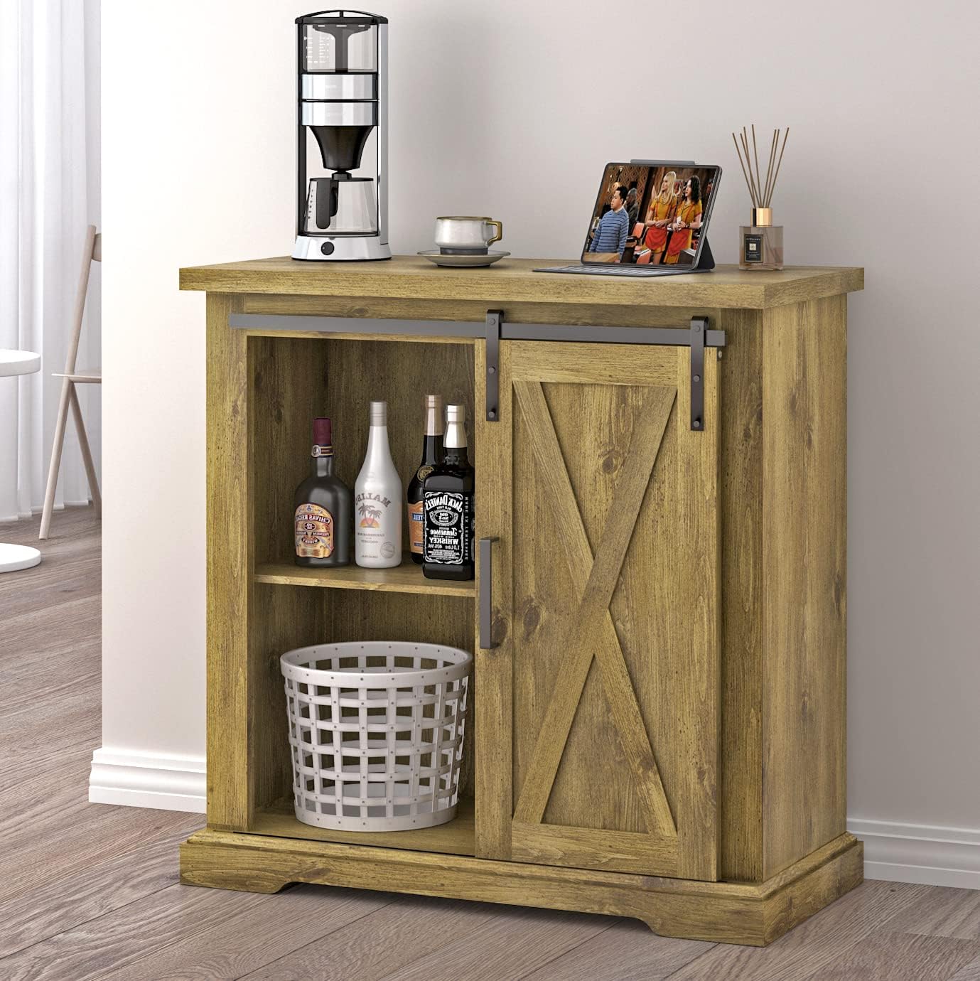 Allewie Farmhouse Accent Buffets Storage Cabinet with Sliding Barn Doors and 4 Adjustable Shelves,31.5 Inch Sideboards for Living Room,Kitchen,Bathroom,Rustic Walnut