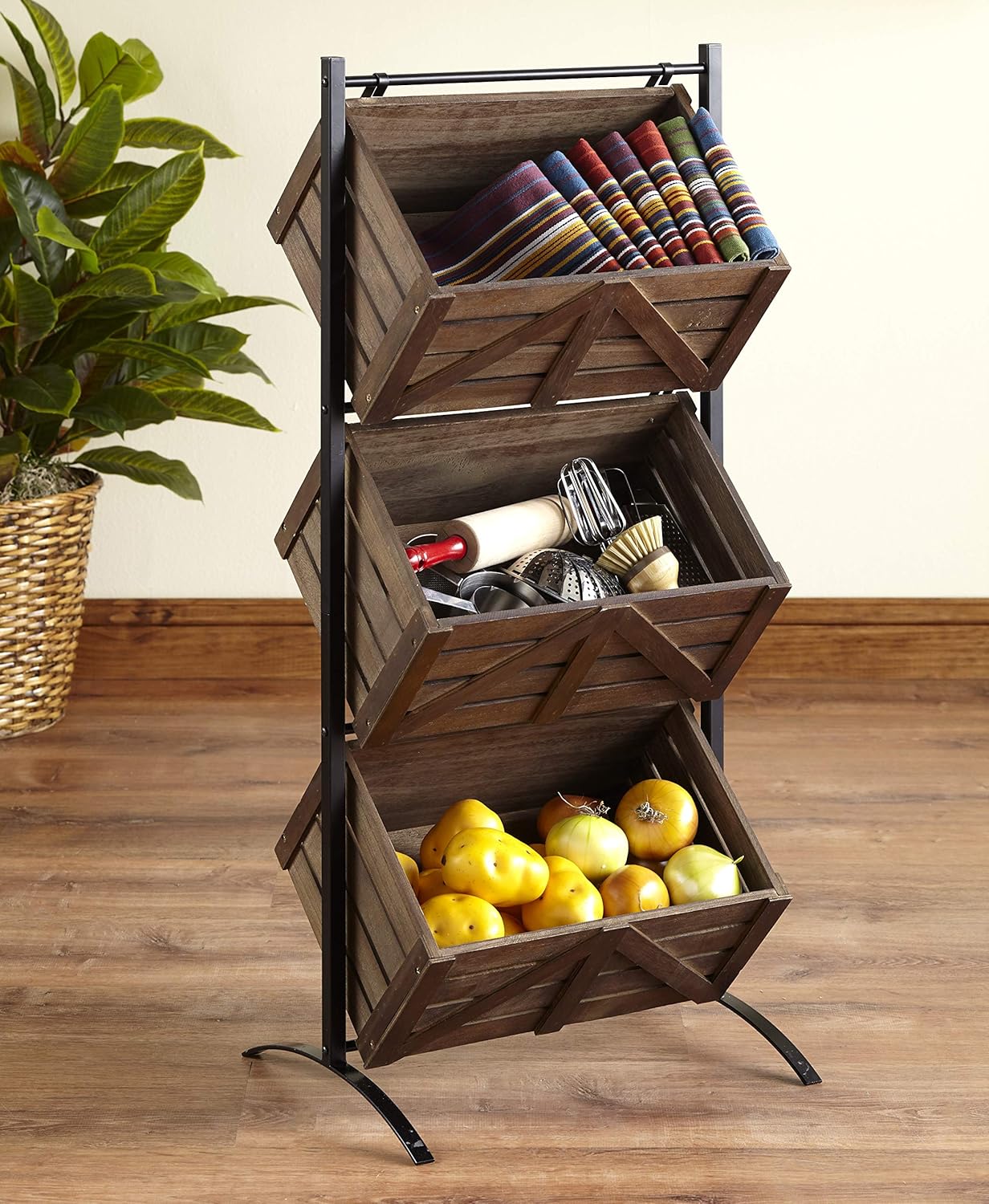 The Lakeside Collection Triple Basket Storage Rack Rustic Shelving Unit with Farmhouse Look - Wood Pack of 2