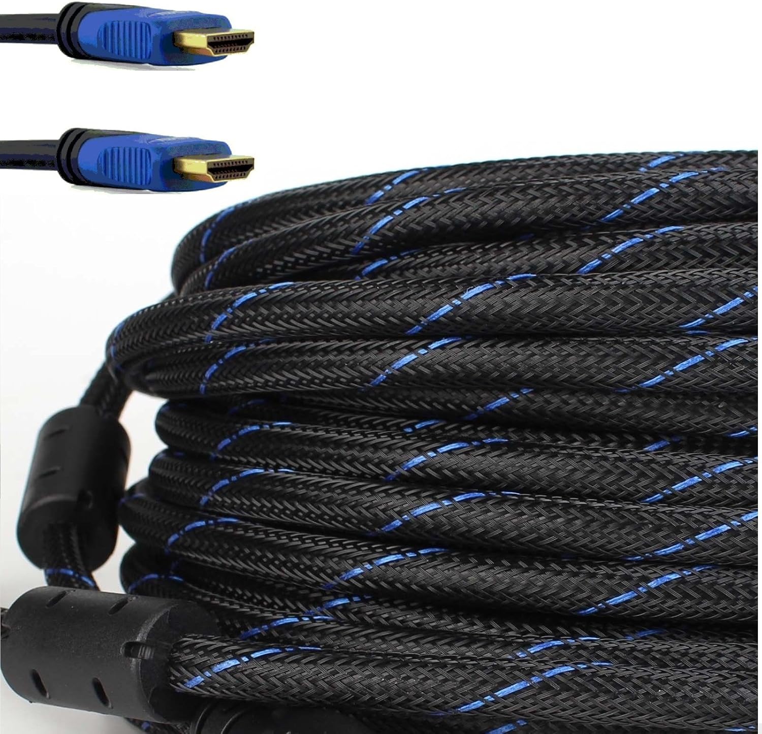 Premium Braided Nylon HDMI Cable Gold Series High Speed HDMI Cable with Ferrite Core for PS4, HD-DVR, Digital/Satellite Cable HDTV 1080P Blue (100 Feet) Pack of 2