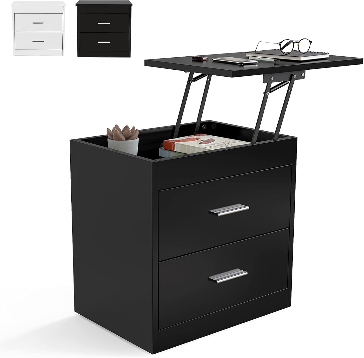 Upgrade Nightstand with Lifting Top, Bedside Desk Height Adjustable Laptop Table with 2 Drawer Storage Cabinet Removable End Table for Bedroom, Home (Black)