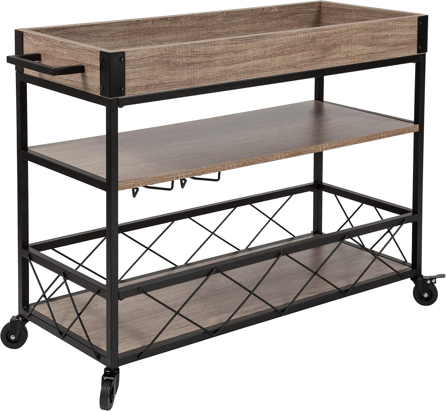 Taylor + Logan Distressed Wood Kitchen Bar Cart with Storage Rack and Shelf, Light Oak
