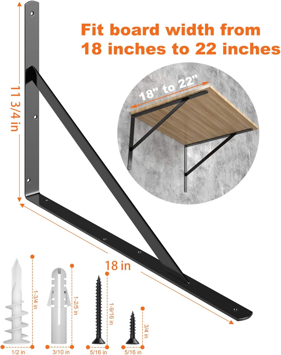 LuckIn 8-Pack Shelf Bracket 18 Inch for Floating Shelf, Heavy Duty Wall Mount L Bracket, 90 Degree Triangle Corner Bracket with Gusset-Black Pack of 2
