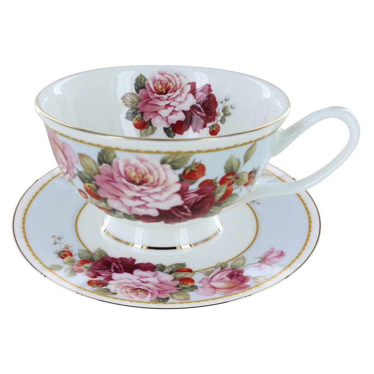 Peony and Strawberry Blue Bone China - Teacup and Saucer Set of 4