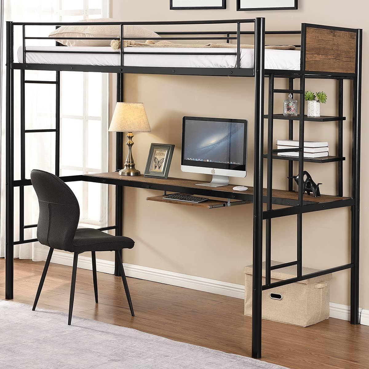 Twin Loft bunk Bed,Metal Loft Bed Frame,Loft Bed with Desk and Storage,Space-Saving Bed Frame with Strong Board Slats,Full-Length Guardrails and 2 Built in Ladders(with Shelf-Black)