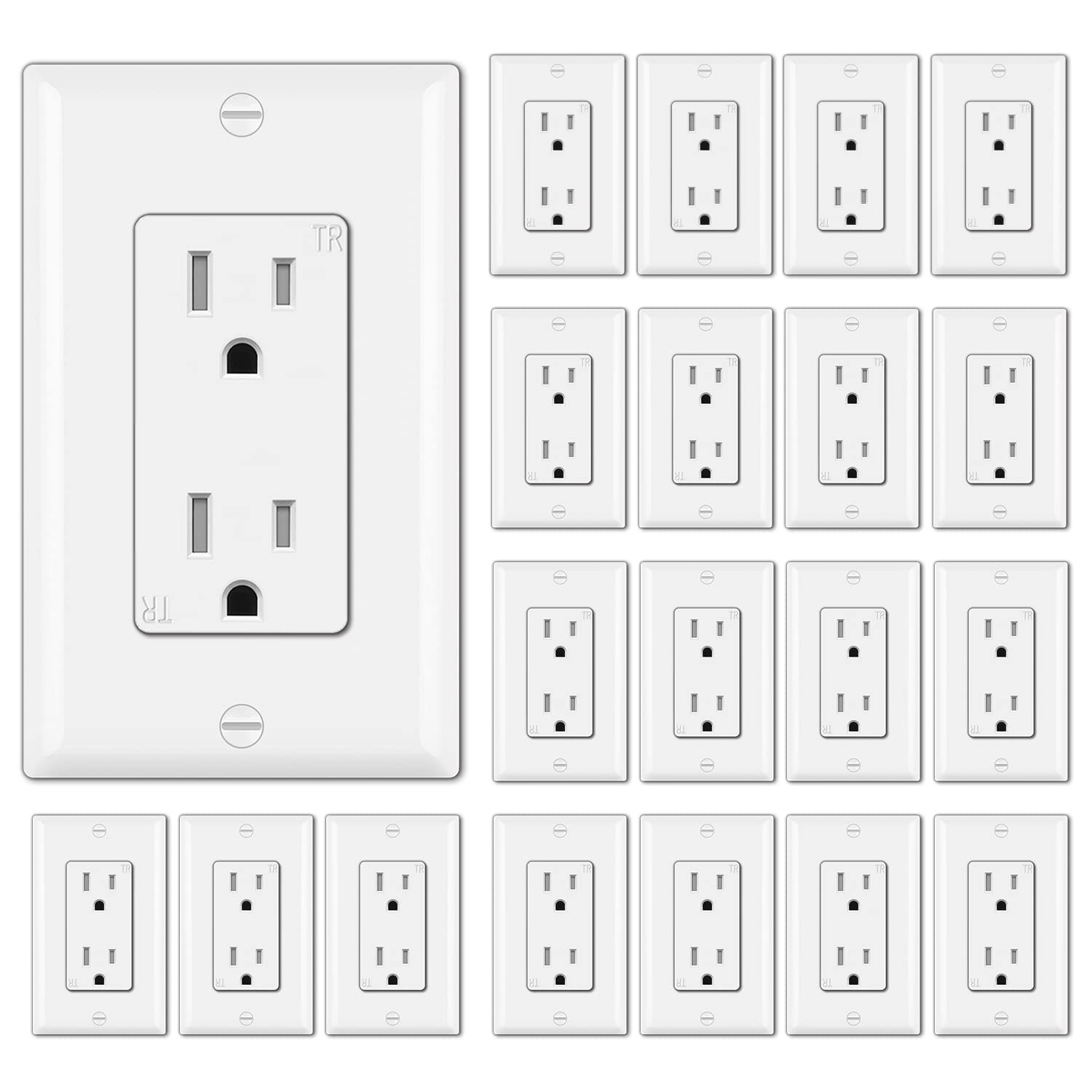 [20 Pack] BESTTEN 15A Tamper Resistant Decor Receptacle, Standard Electrical Wall Outlet, Residential and Commercial Use, UL Listed, White Pack of 2