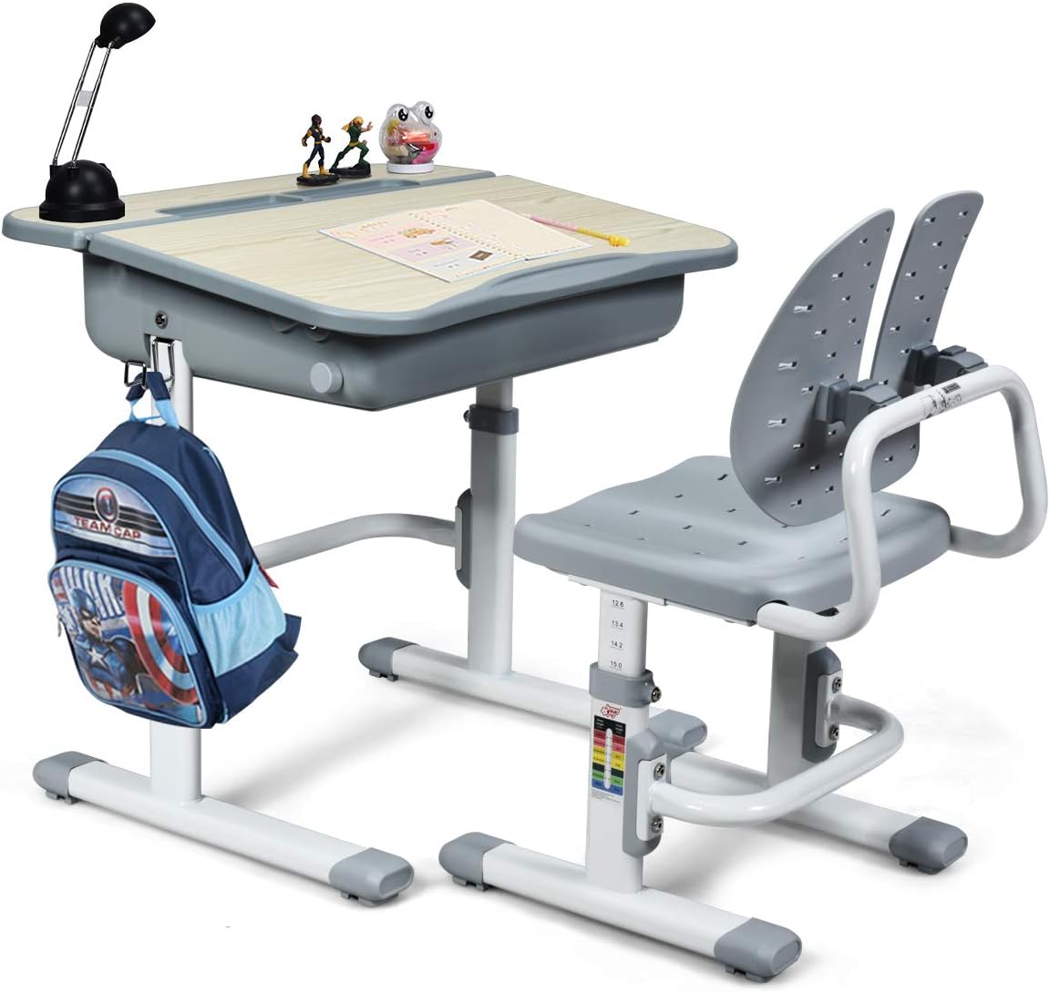 Baby Joy Kids Desk and Chair Set, Height Adjustable, Children's Study Table with Large Storage Space, Ergonomic Winged Backrest Chair, Student School Desk Set Great Gift for Ages 3 to 14 (Pink)