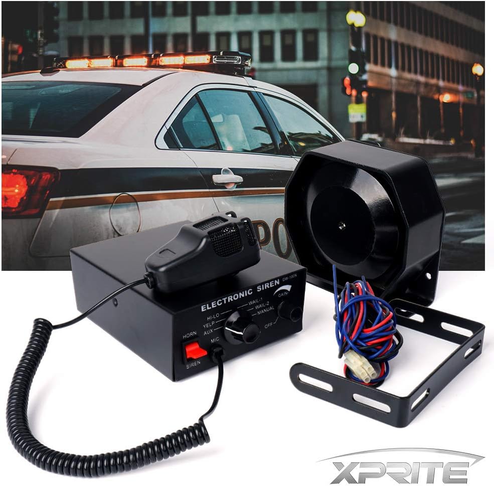 Xprite 12V 100W Slim Warning Speaker 7 Tone Police Siren PA System Set w/Handheld Microphone for Emergency Vehicles Pack of 2