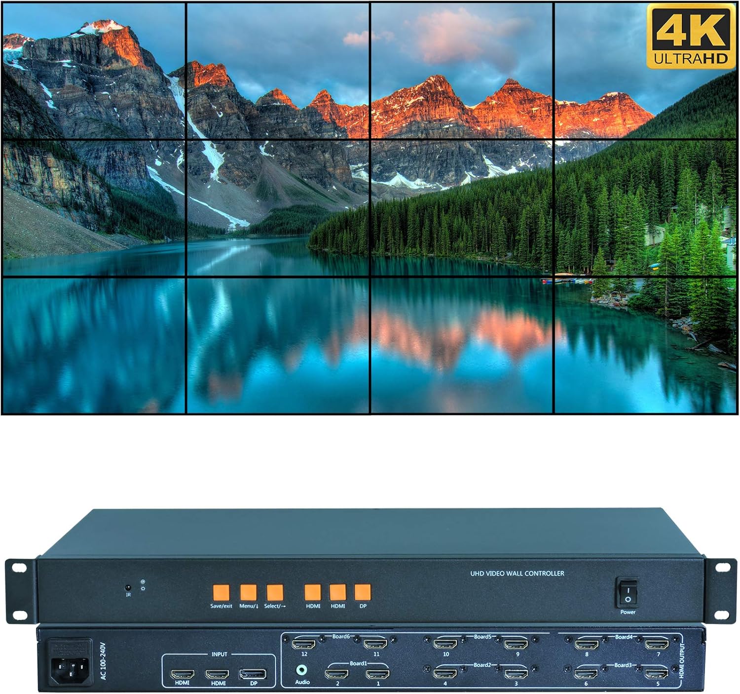 DEFACE Video Wall Controller 4K 3840x2160@60Hz HDMI 2.0, HDMI 1.4, DP1.2 Inputs with 12 HDMI Outputs for TV Splicing, Support 3x4,3x3,2x5,2x6,6x1,6x2 Display and 180 Degree Rotate
